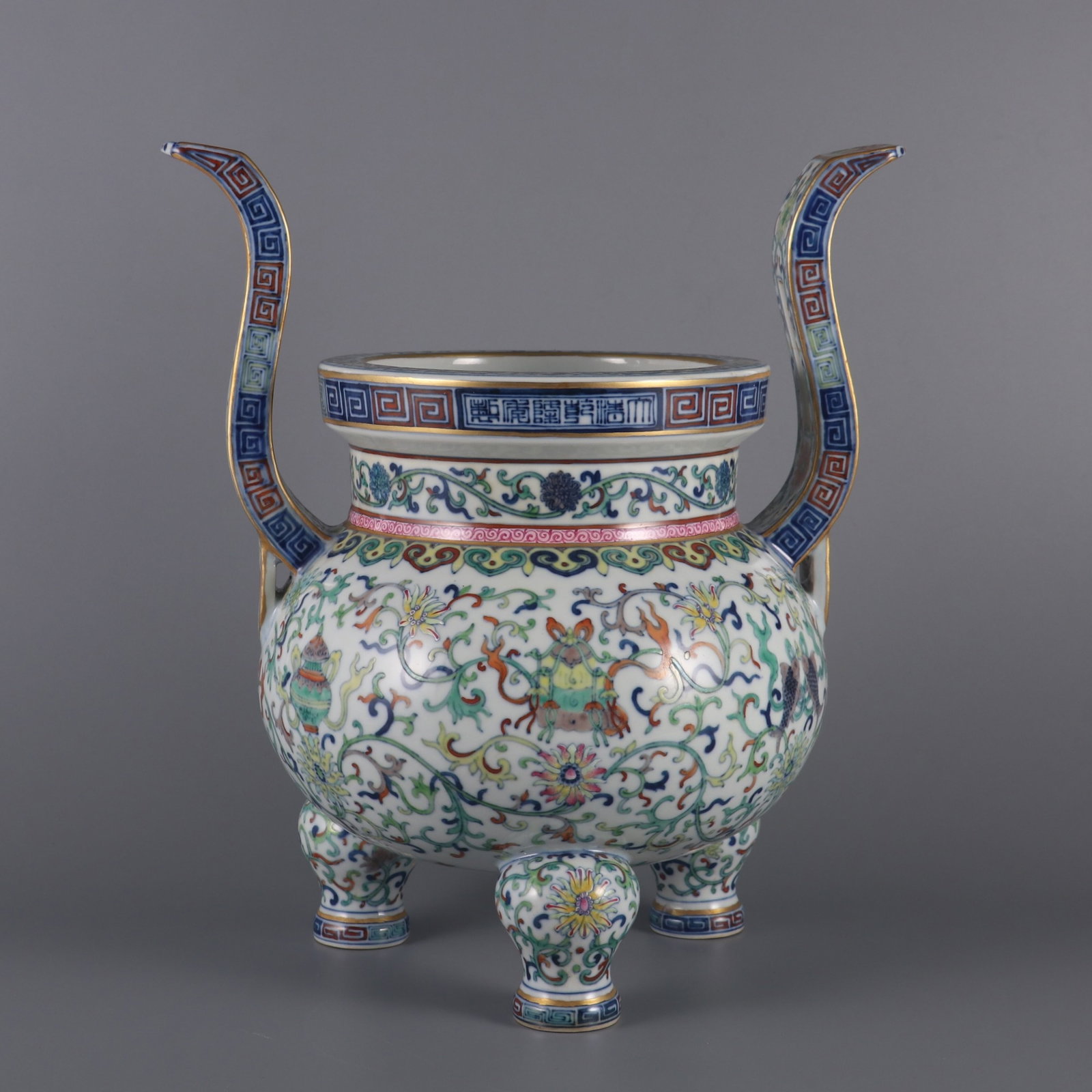 An Exquisite doucai lotus holding eight treasures incense burner,: An Exquisite doucai lotus holding eight treasures incense burner,Qing Dynasty, China,Qianlong Six-character Mark,Size:12.2inx9.1in,斗彩莲托八宝纹香Ġ