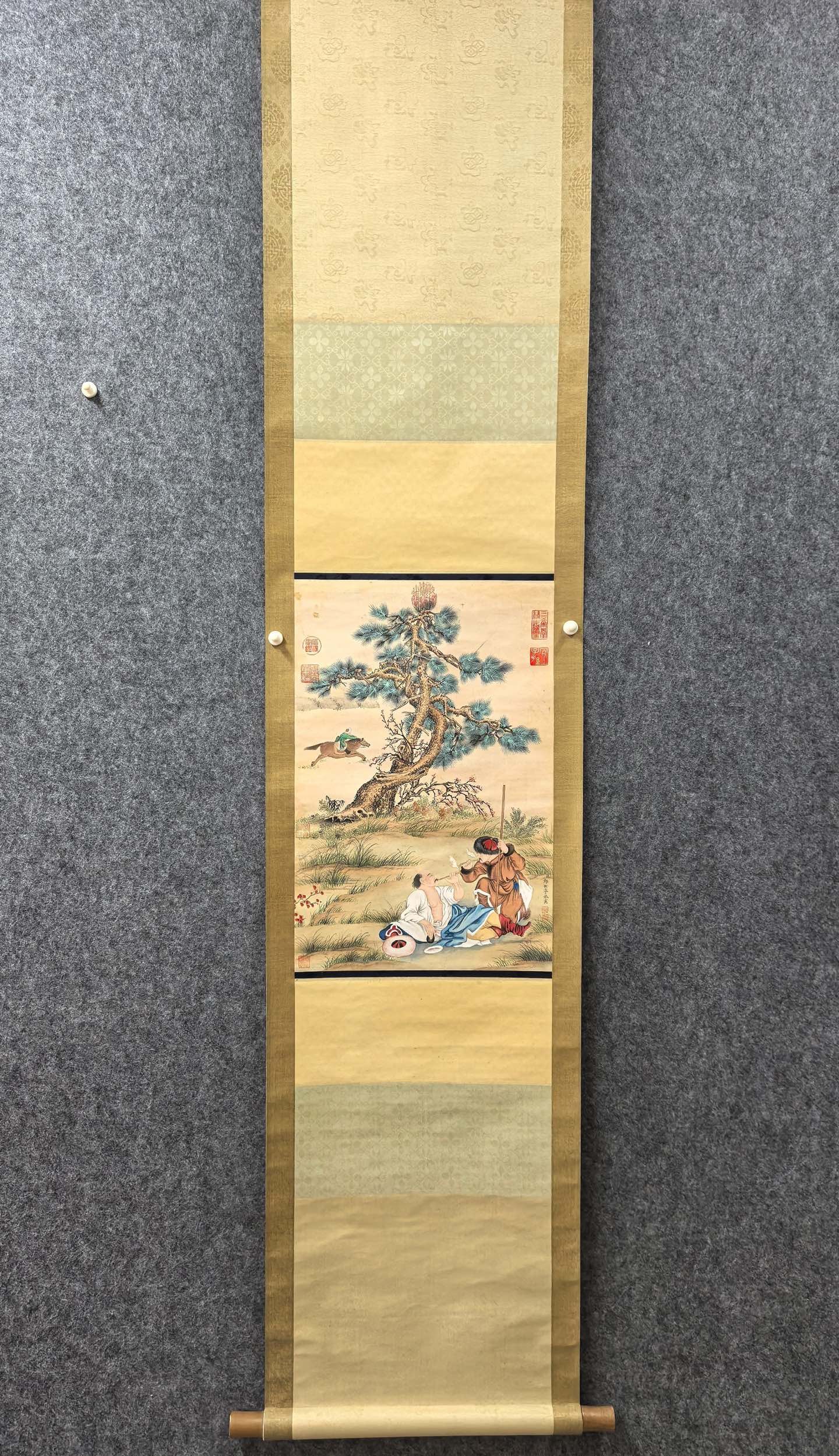 A Chinese Vertical Scroll Ink Painting of Landscape and Figure on Paper,Lang Shining: A Chinese Vertical Scroll Ink Painting of Landscape and Figure on Paper,Lang Shining,Size:13.4inx20.5in 一幅中国水墨山水人物画立