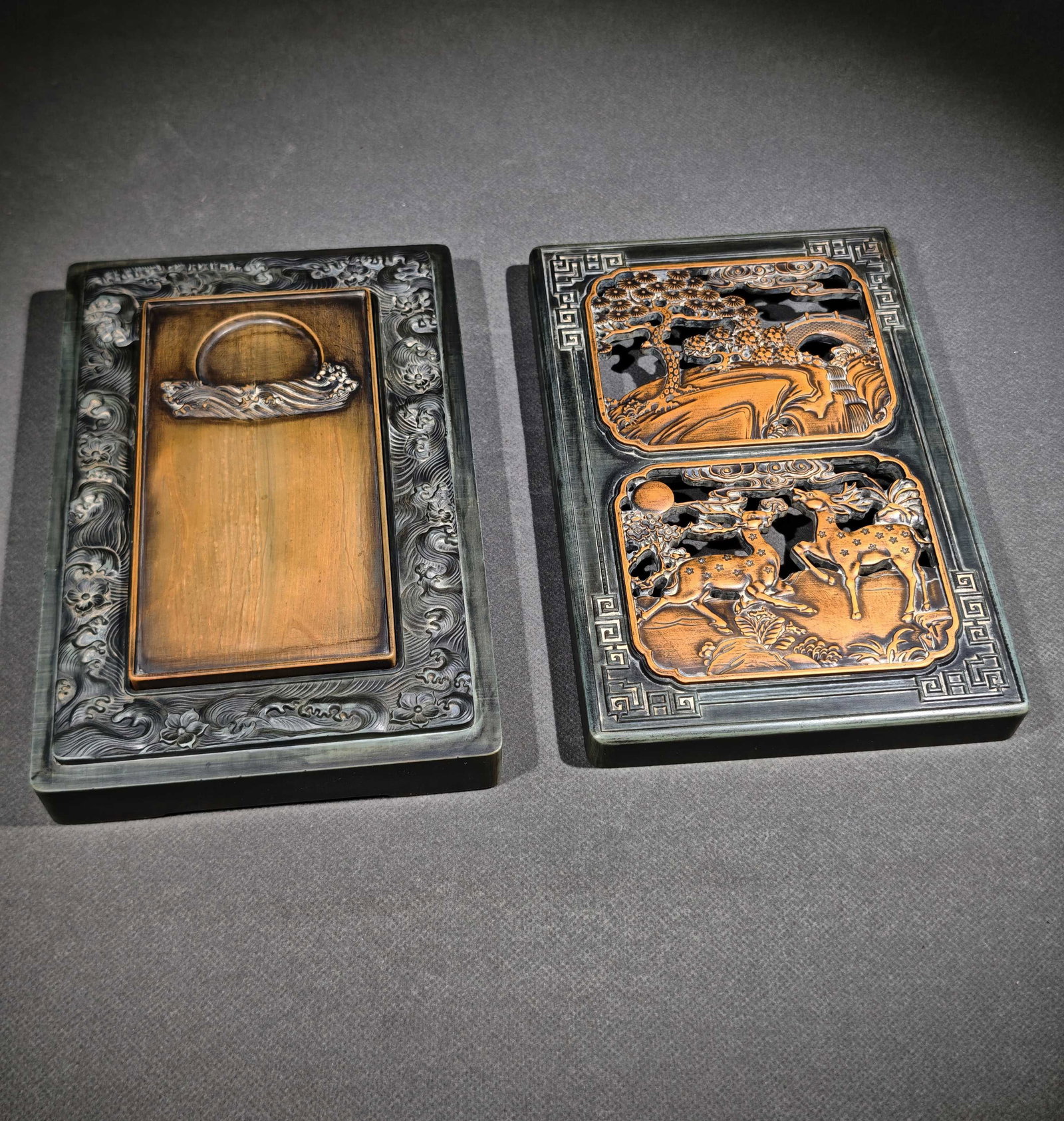 A Fine Openwork Songhua Stone Suite Inkstone With Deer?Calling?In?Spring?Mountain Motif (1 of 9)