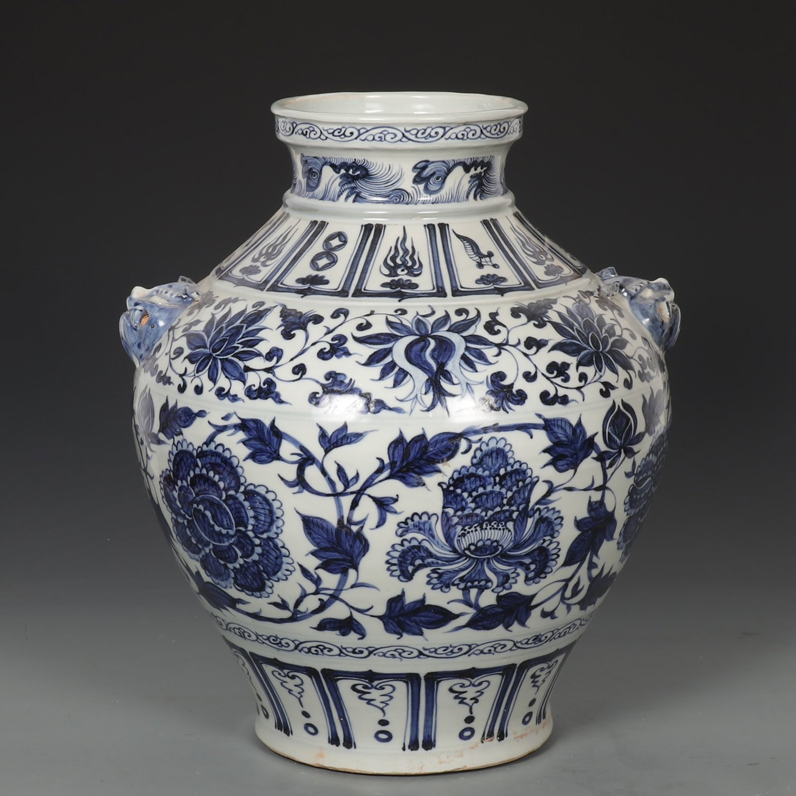 An Exquisite Blue And White Beast-Eared Jar With Interlocking Peony Scroll Patterns: An Exquisite Blue And White Beast-Eared Jar With Interlocking Peony Scroll Patterns,Yuan Dynasty,China,Size:15.6inx12.6in,青花缠枝牡丹纹兽耳಻