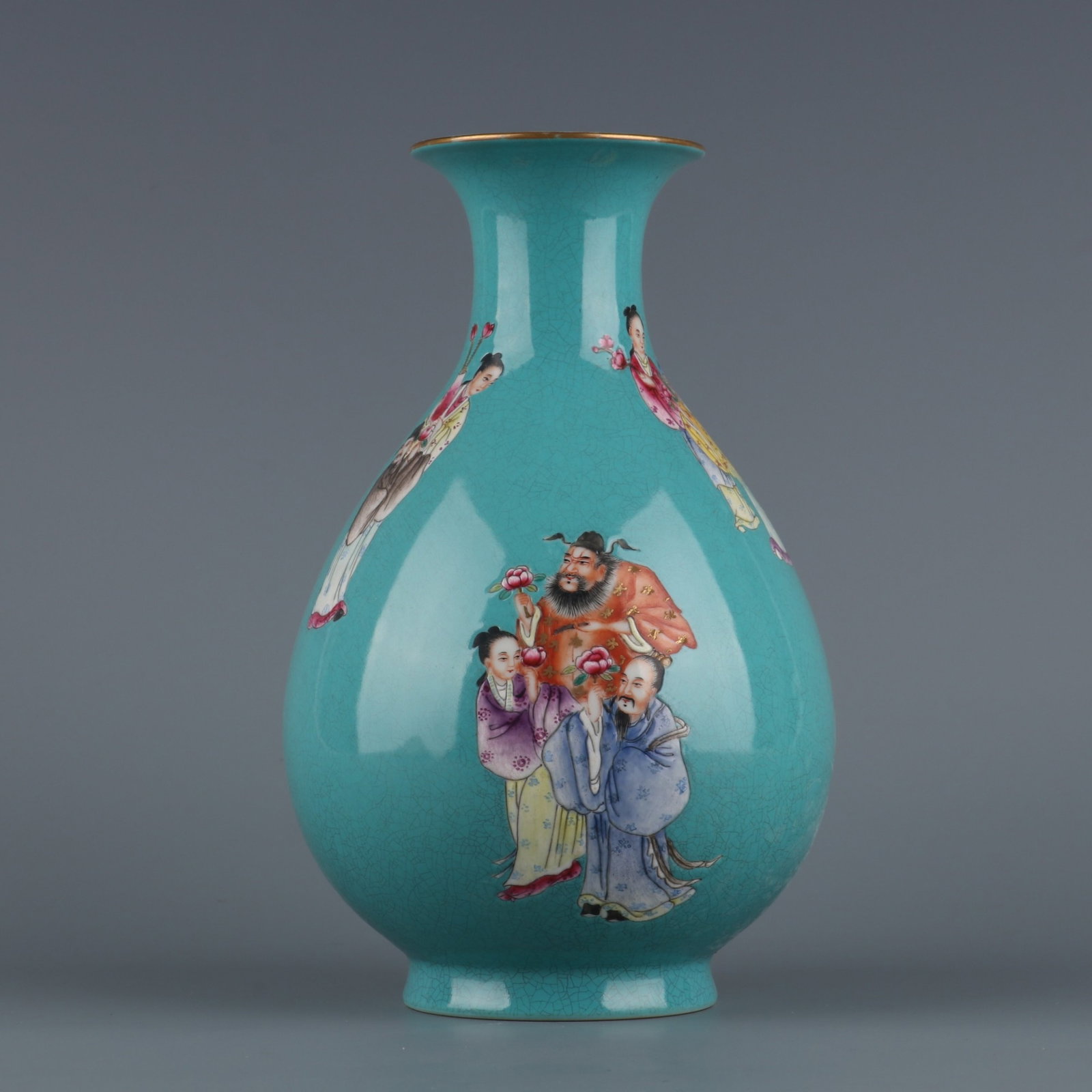 An Exquisite turquoise green ground famille rose twelve flower goddesses yuhuchun vase,: An Exquisite turquoise green ground famille rose twelve flower goddesses yuhuchun vase,Qing Dynasty, China,Qianlong Six-character Mark,Size:7.9inx2.7in,松石绿地粉彩