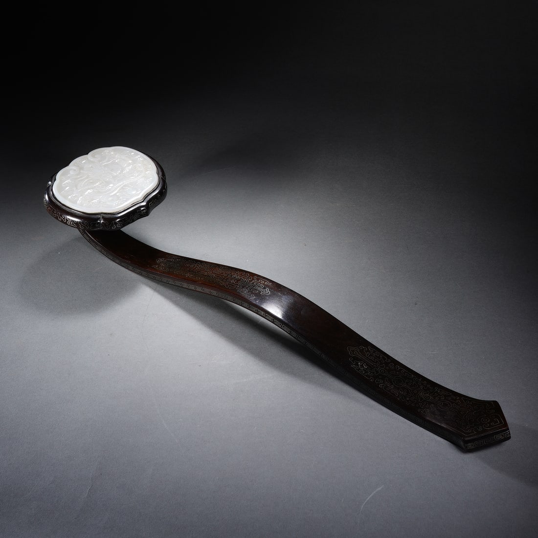 An Exquisite Zitan Wood Ruyi Scepter Inlaid With White Jade Dragon Pattern (1 of 8)