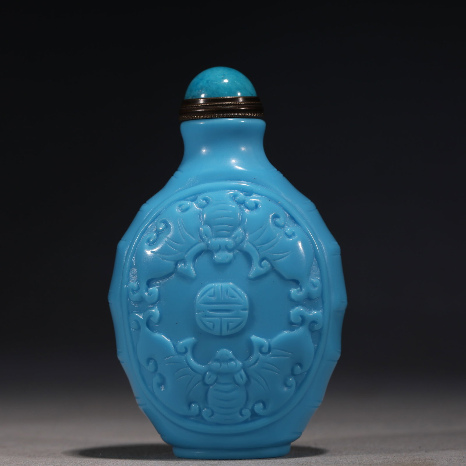 A Chinese Turquoise-Blue Glass Snuff Bottle with Bats and Shou,Qianlong Mark (1 of 5)