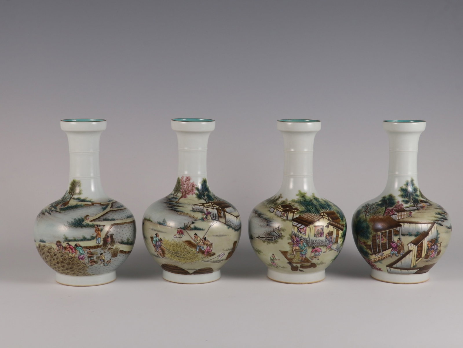 A Set of Fine famille rose autumn harvest reward vases,: A Set of Fine famille rose autumn harvest reward vases,Qing Dynasty, China,Yongzheng Six-character Mark,Size:7.8inx4.7in,一套粉彩秋收图赏瓶中