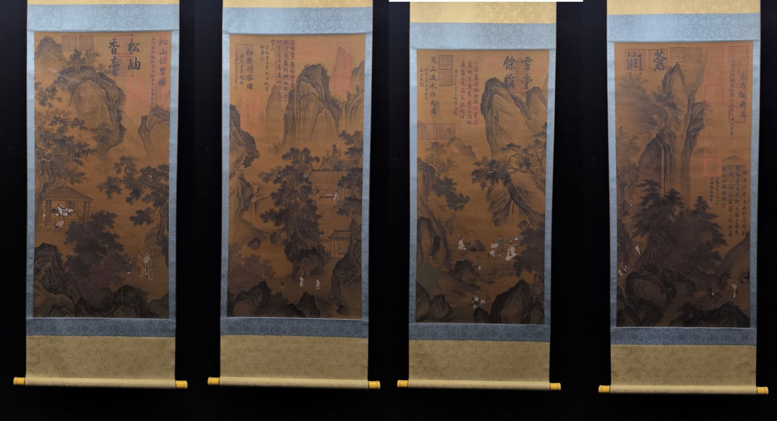 Set of Chinese Ink Landscape and Figure Hanging Scrolls,Ink on Silk: Set of Chinese Ink Landscape and Figure Hanging Scrolls,Ink on Silk,Cai Xiang,Su Shi,Huang Tingjian,Mi Fu,Without frame Size:25.1inx53in,一套中国水墨绢本