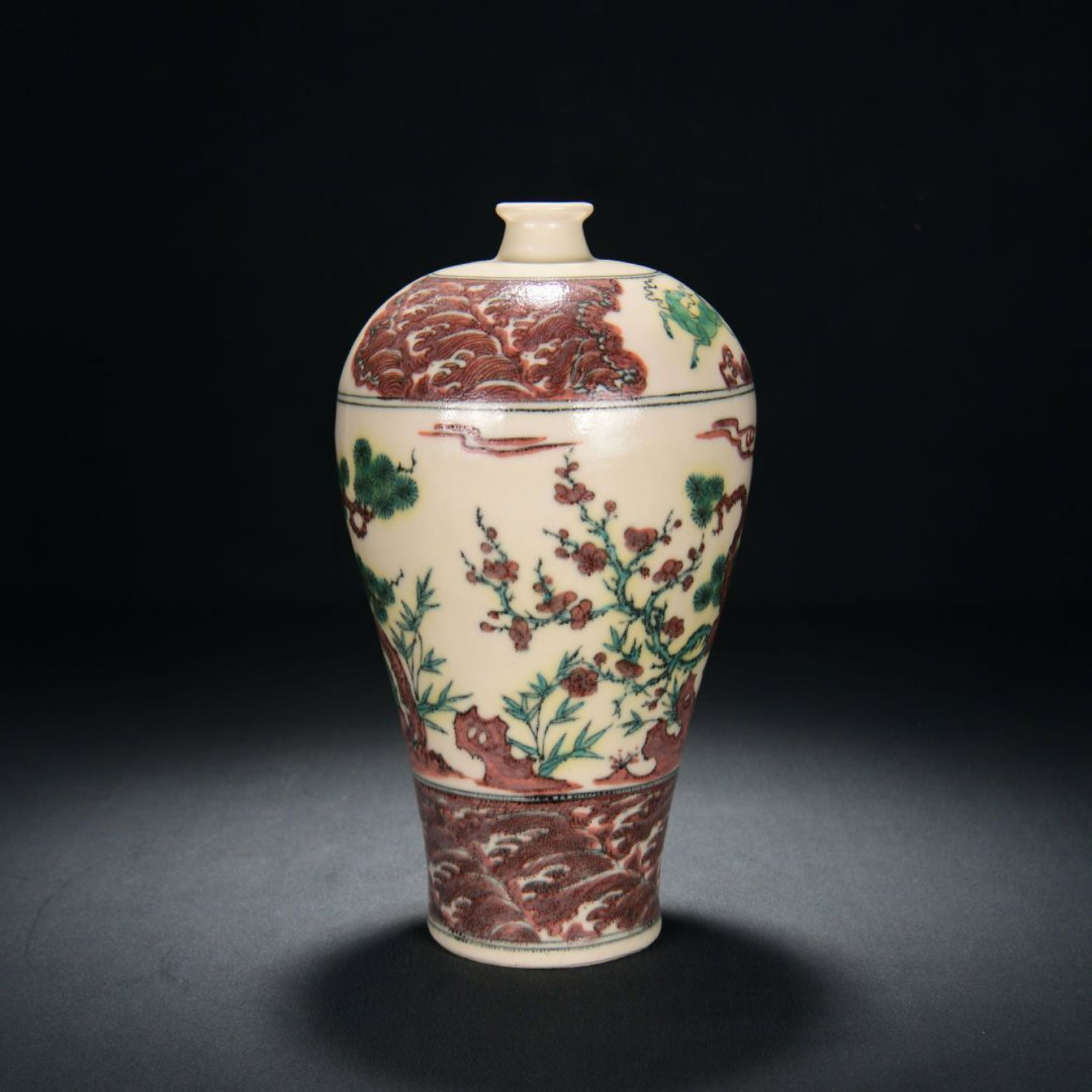 An Exquisite Wucai Plum Vase With Pine,Bamboo And Plum Patterns: An Exquisite Wucai Plum Vase With Pine,Bamboo And Plum Patterns,Ming Dynasty China,Six-Character Jingtai