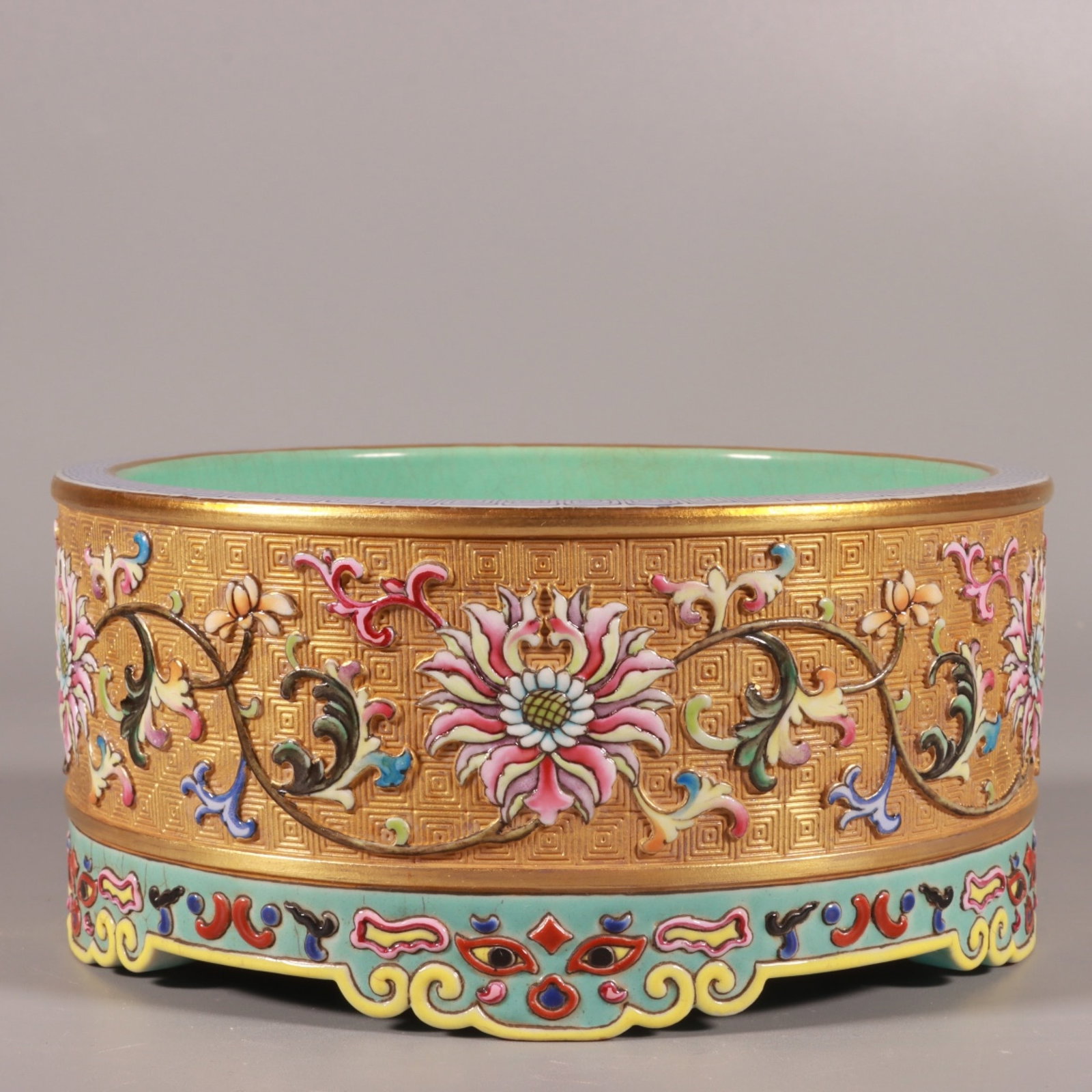 A Fine Enamel Color Carved Gilded Ground Interlocking Lotus Water Washer: A Fine Enamel Color Carved Gilded Ground Interlocking Lotus Water Washer,Qing Dynasty,China,Yongzheng Six-character
