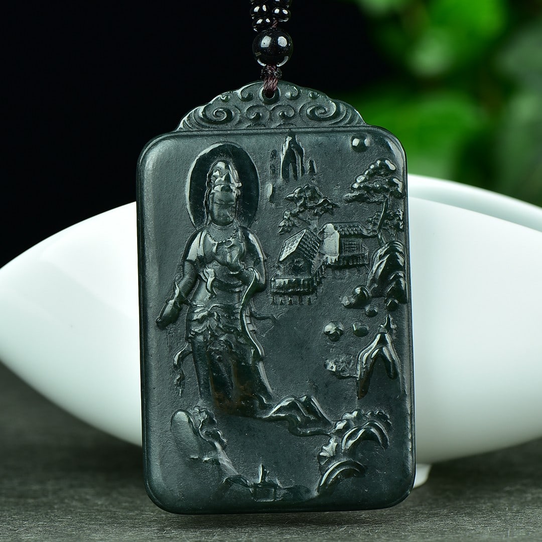 An Exquisite Sapphire Landscape and Avalokitesvara Pattern Pendant: An Exquisite Sapphire Landscape and Avalokitesvara Pattern Pendant,Size:40mmx65mm 寓意:吉祥 普度众生 保平安