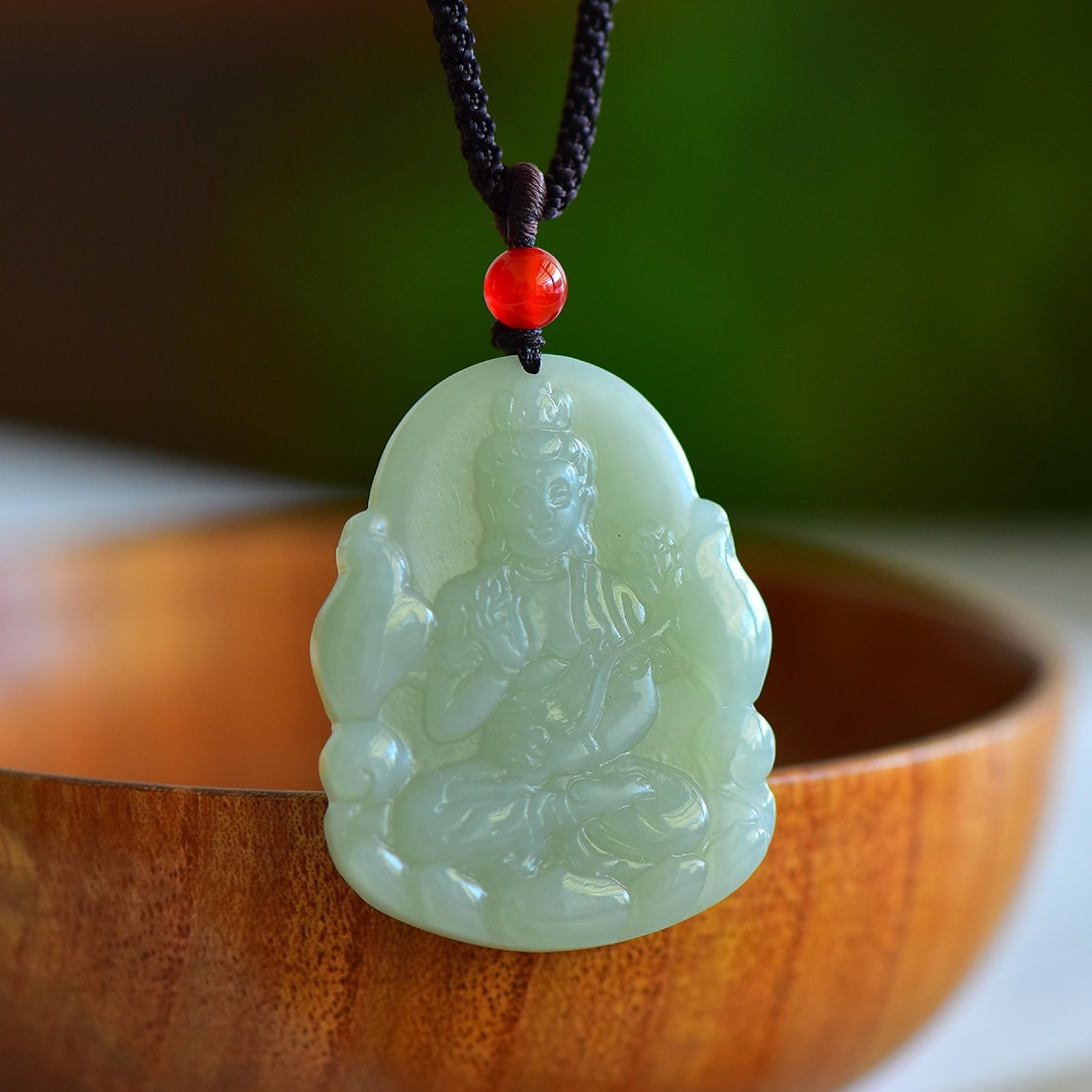 An Exquisite Greenish Jade Bodhisattva and Horse Pattern Pendant: An Exquisite Greenish Jade Bodhisattva and Horse Pattern Pendant,Size:44mmx34mmx8mm