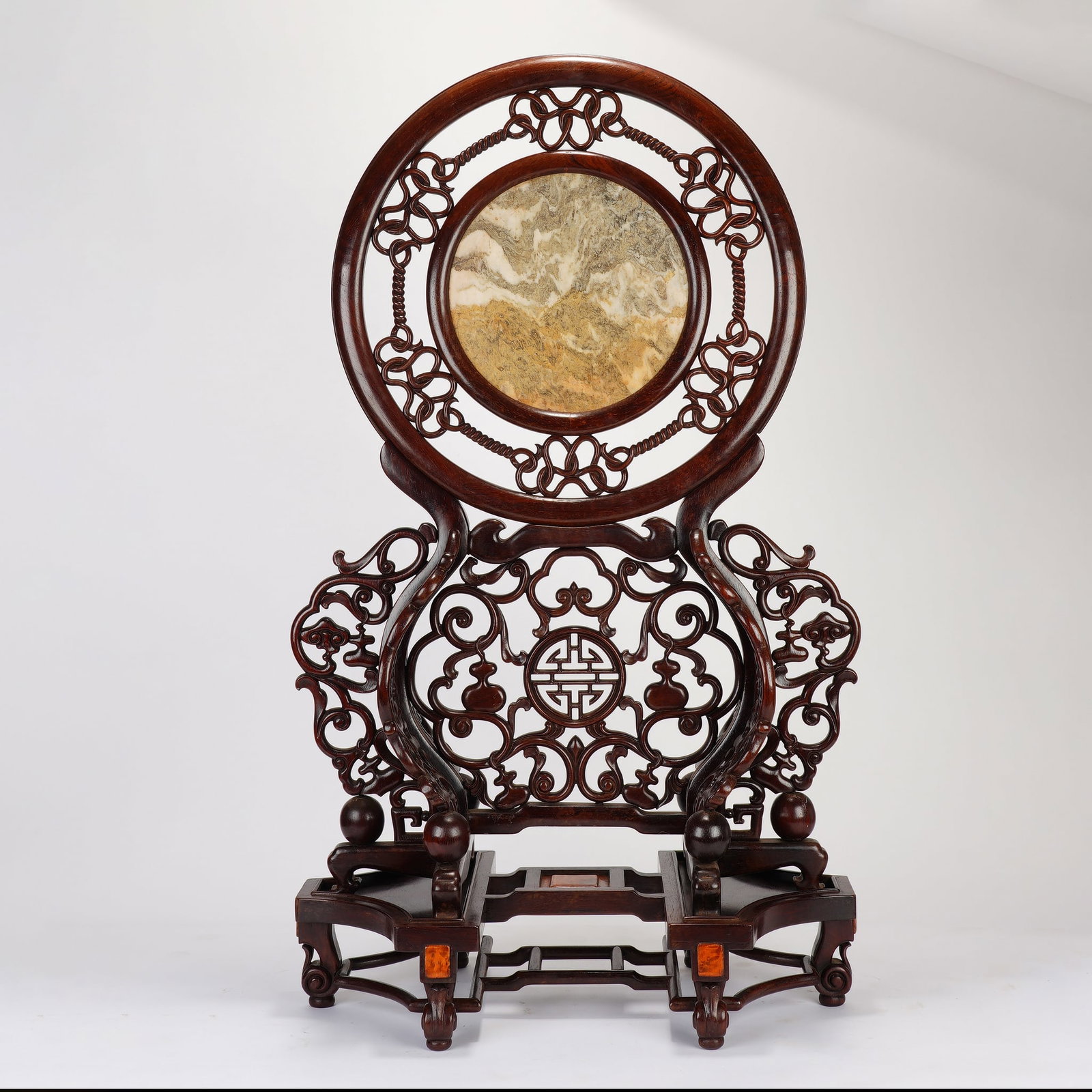 An Exquisite Red Wood Table Screen Inlaid With Marble (1 of 10)