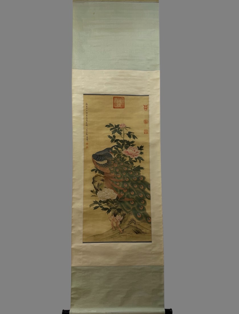 A Chinese Vertical Scroll Ink Painting of Flower on Silk,Liao Jiahui: A Chinese Vertical Scroll Ink Painting of Flower on Silk,Liao Jiahui,Size:18.1inx39.4in 一幅中国水墨绢本花鸟图立轴,缪