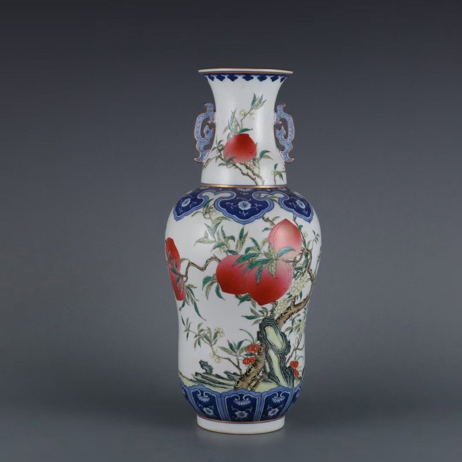 An Exquisite blue and white famille rose nine peaches double-ear peanut-shaped vase, (1 of 9)