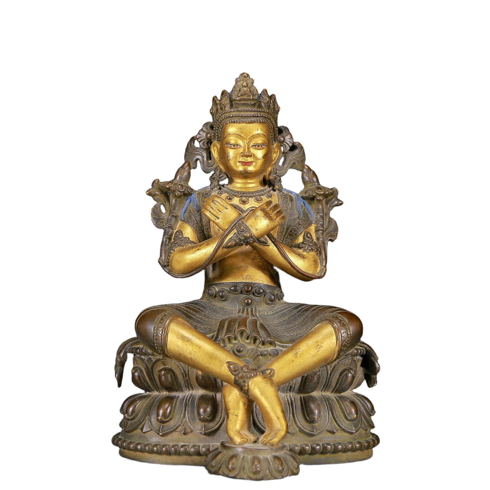 A Solemn Gilt Bronze Statue of Vajra: A Solemn Gilt Bronze Statue of Vajra,Qing Dynasty, China,Size:6.7inx6.3inx9.8in,Weight:3395g 铜鎏金金刚总持像，清代
