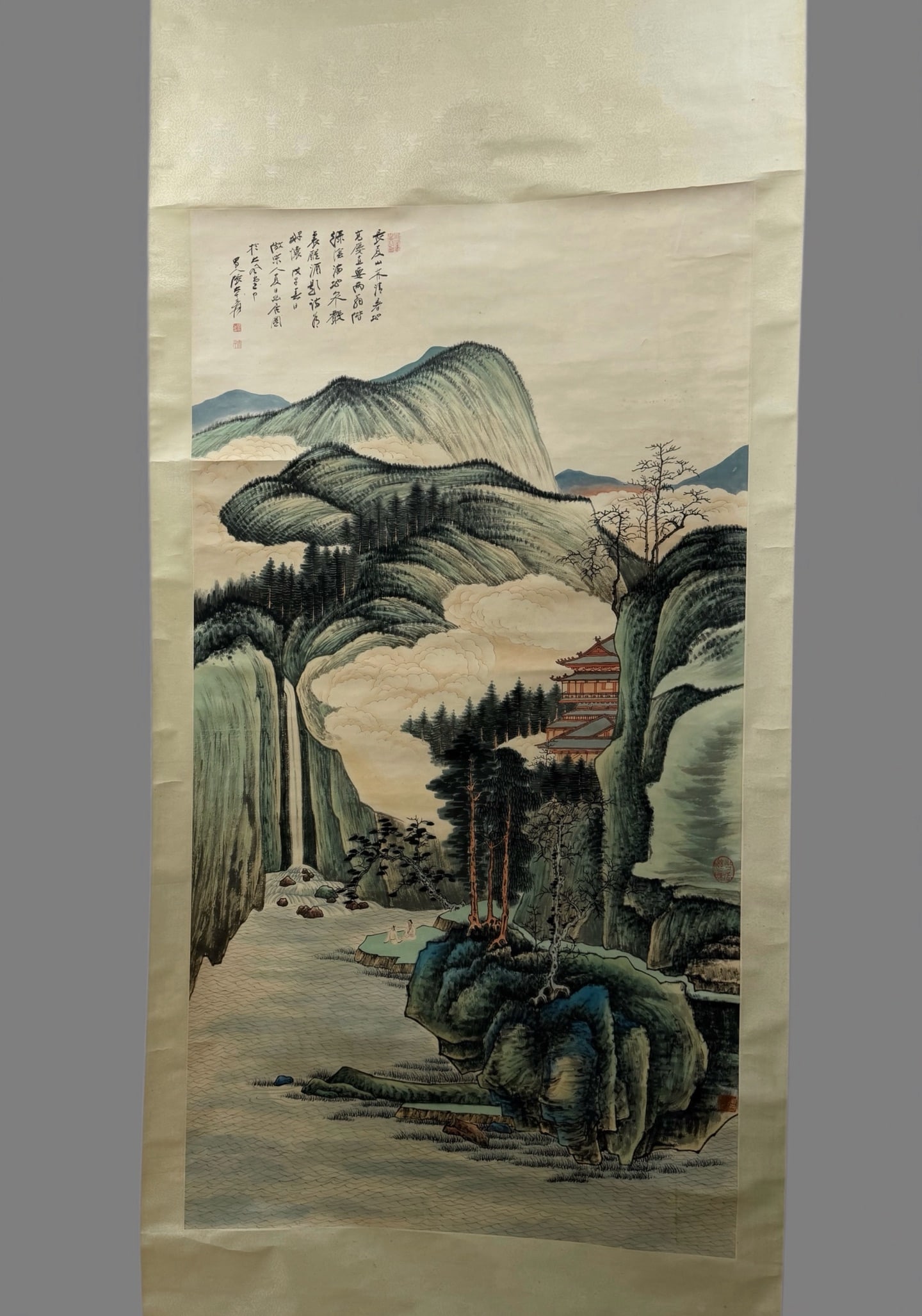 A Chinese Vertical Scroll Ink Painting of Landscape on Paper,Zhang Daqian: A Chinese Vertical Scroll Ink Painting of Landscape on Paper,Zhang Daqian,Size:37.4inx70.1in 一幅中国水墨山水画立轴,张大&#