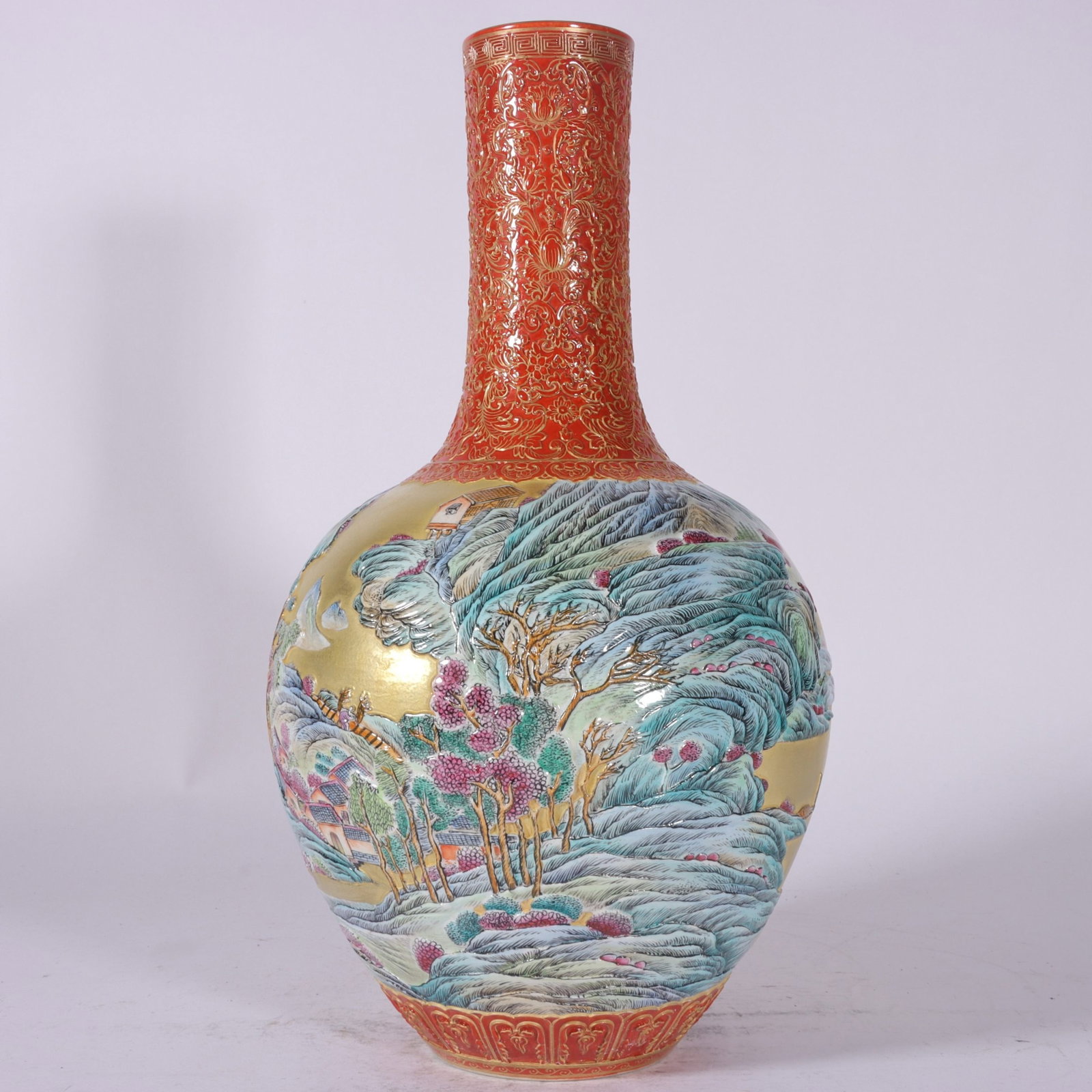 A Fine Enamel Color Carved Gilded Ground Landscape Pear-Shaped Vase: A Fine Enamel Color Carved Gilded Ground Landscape Pear-Shaped Vase,Qing Dynasty,China,Qianlong Six-character Mark,Size:14.1inx7.5in,珐琅彩雕刻金地山