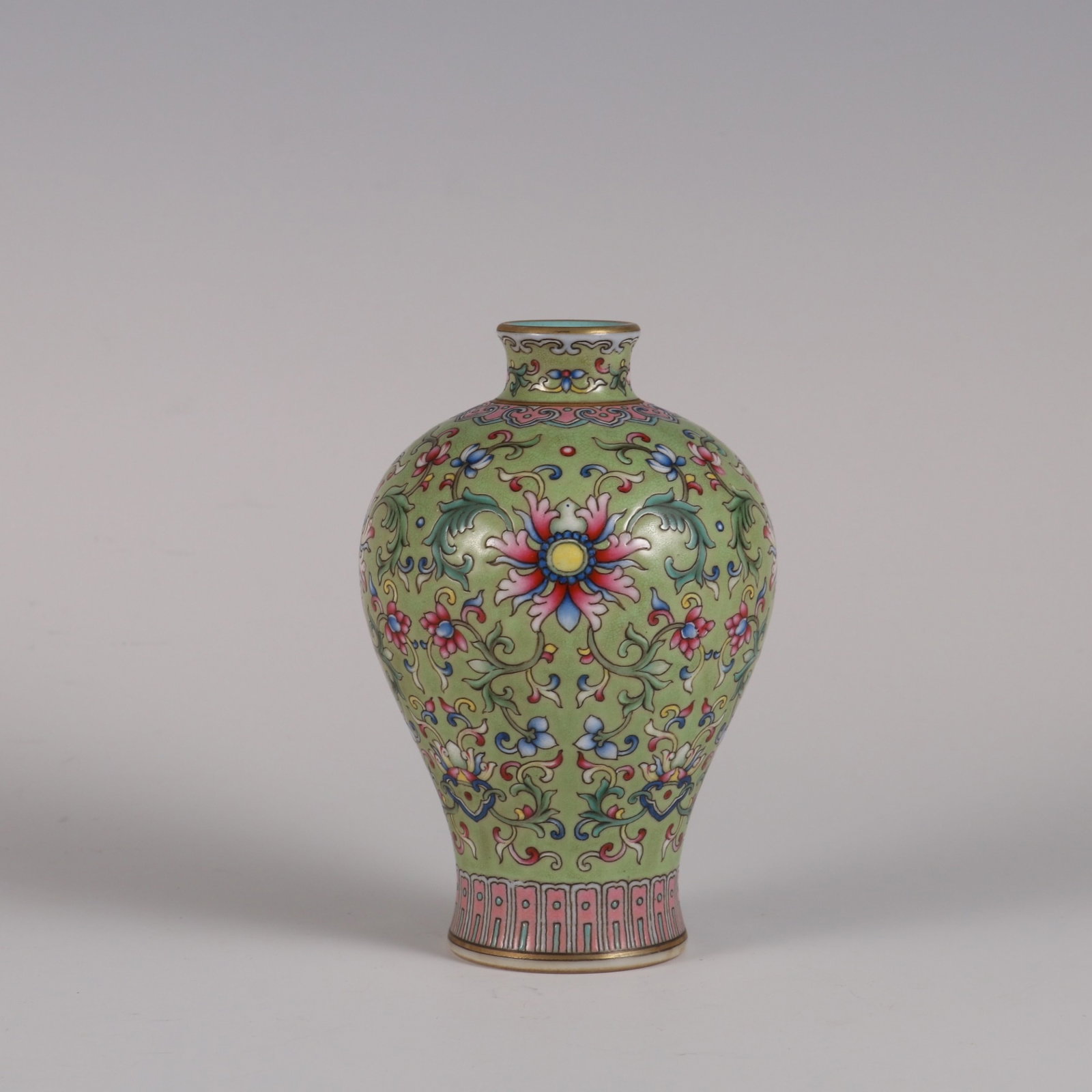 An Exquisite green ground famille rose passion flower prunus vase, (1 of 8)