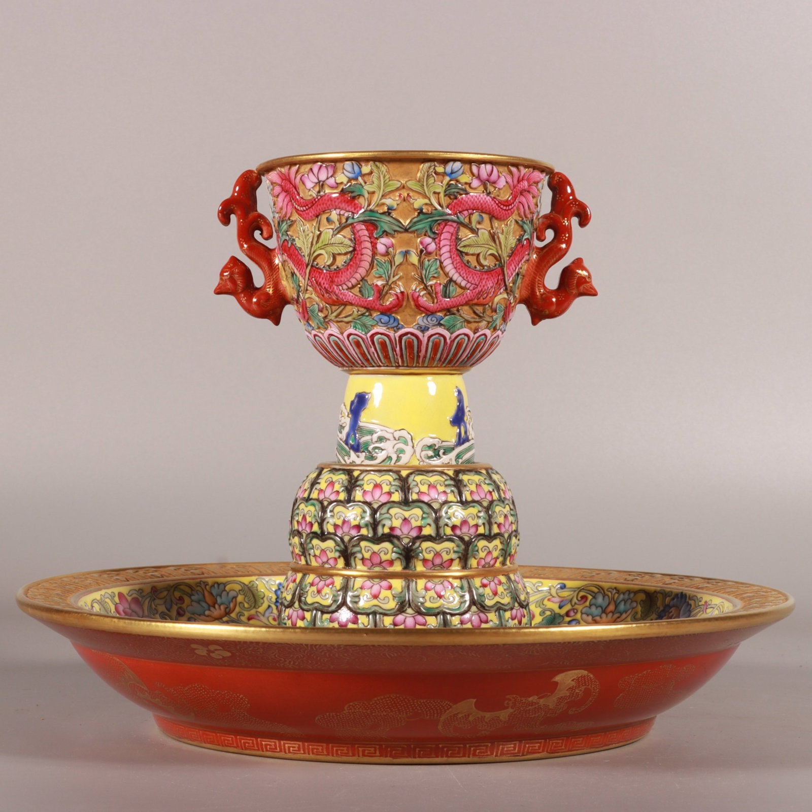 A Fine Enamel Color Carved Gilded Ground Dragon Pattern Stemmed Cup (1 of 9)