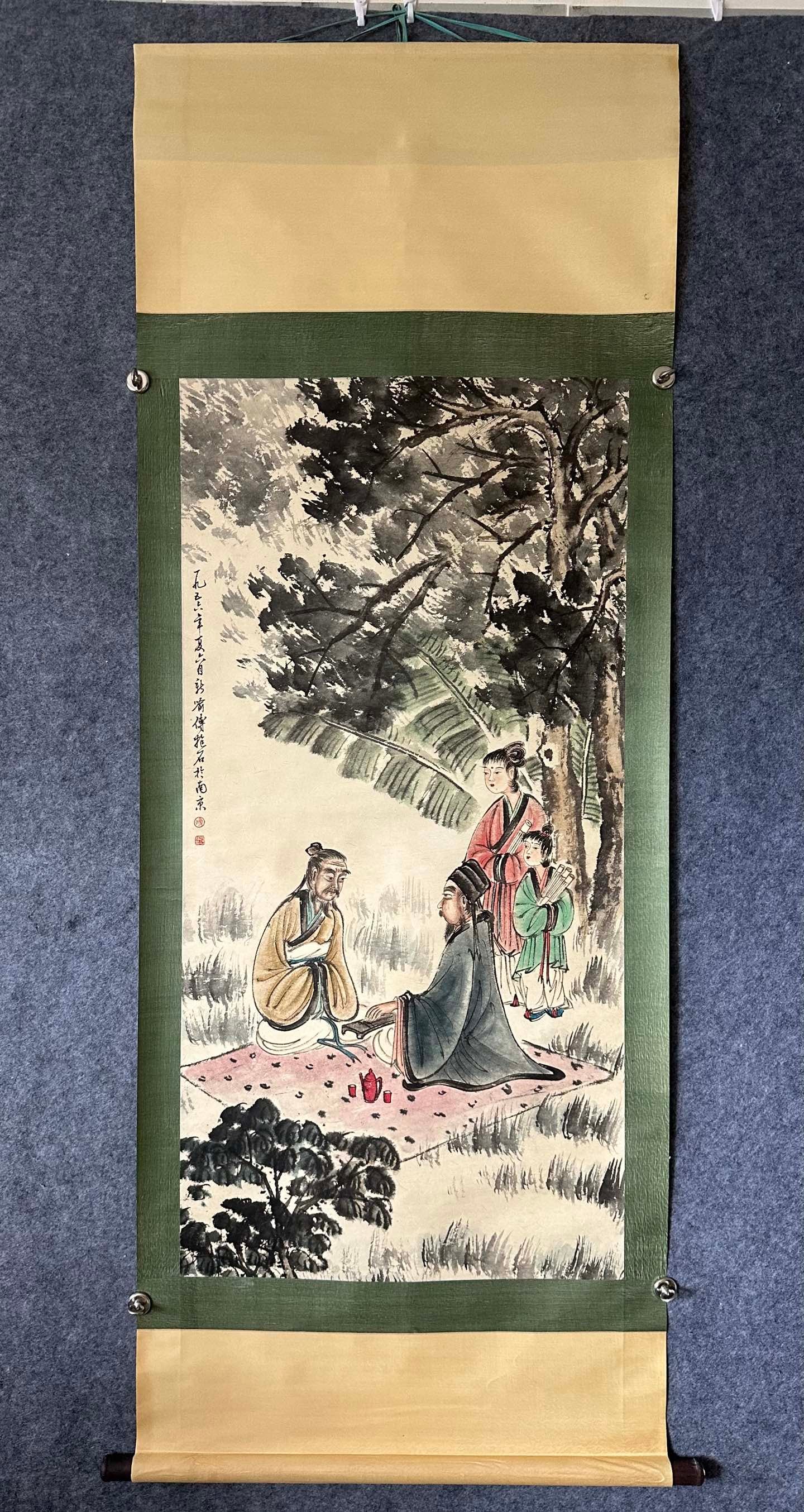 A Chinese Ink-on-Paper Hanging Scroll, Scholars Gathering under Trees: A Chinese Ink-on-Paper Hanging Scroll, Scholars Gathering under Trees,Fu Baoshi,Size:26.6inx53.9in,一副中国水墨林下雅集图纸Ĉ