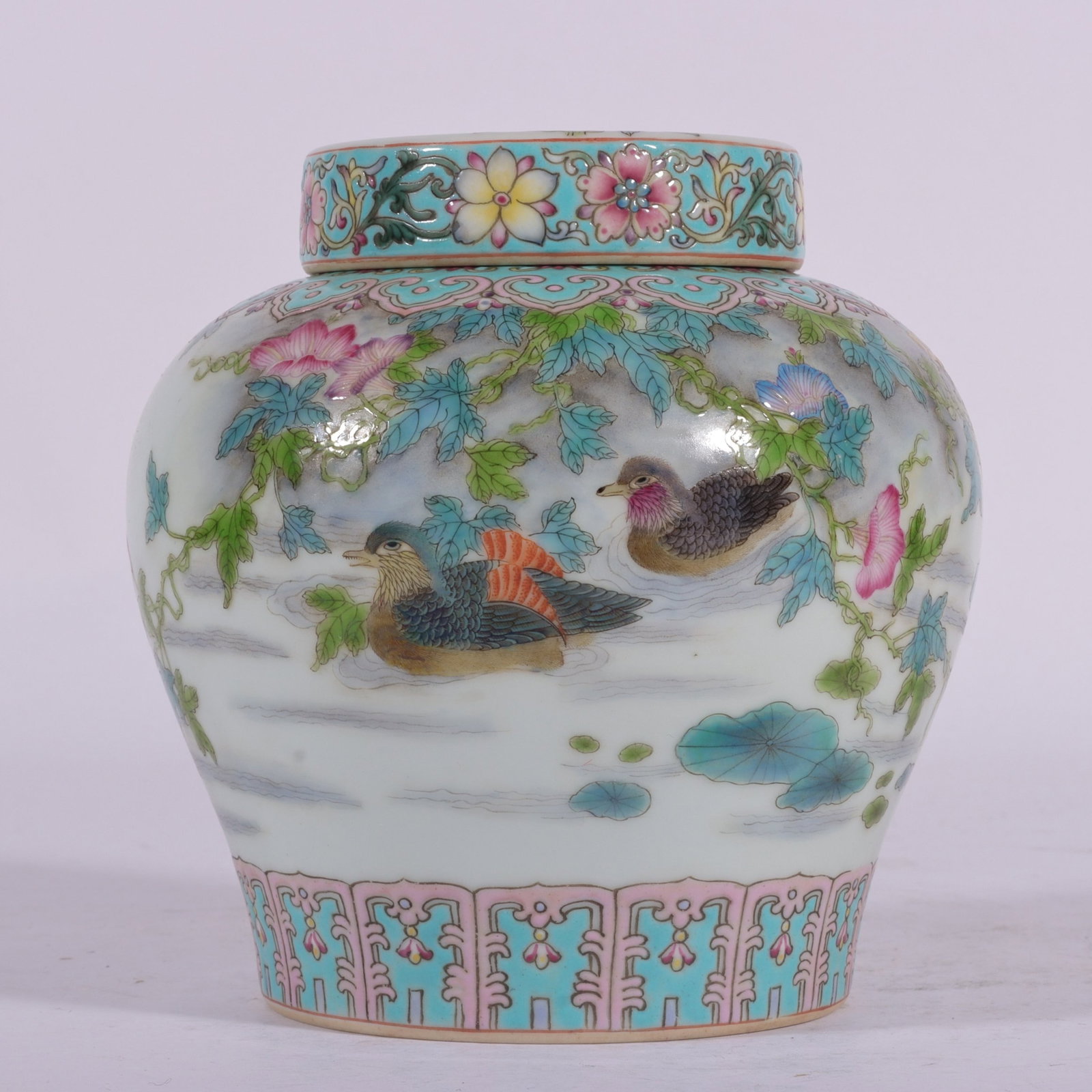 A Fine Enamel Color Continuous Flower-and-Bird Tea Caddy: A Fine Enamel Color Continuous Flower-and-Bird Tea Caddy,Qing Dynasty,China,Yongzheng Four-character Mark,Size:4.6inx4.5in,珐琅彩通景花鸟茶叶Ņ