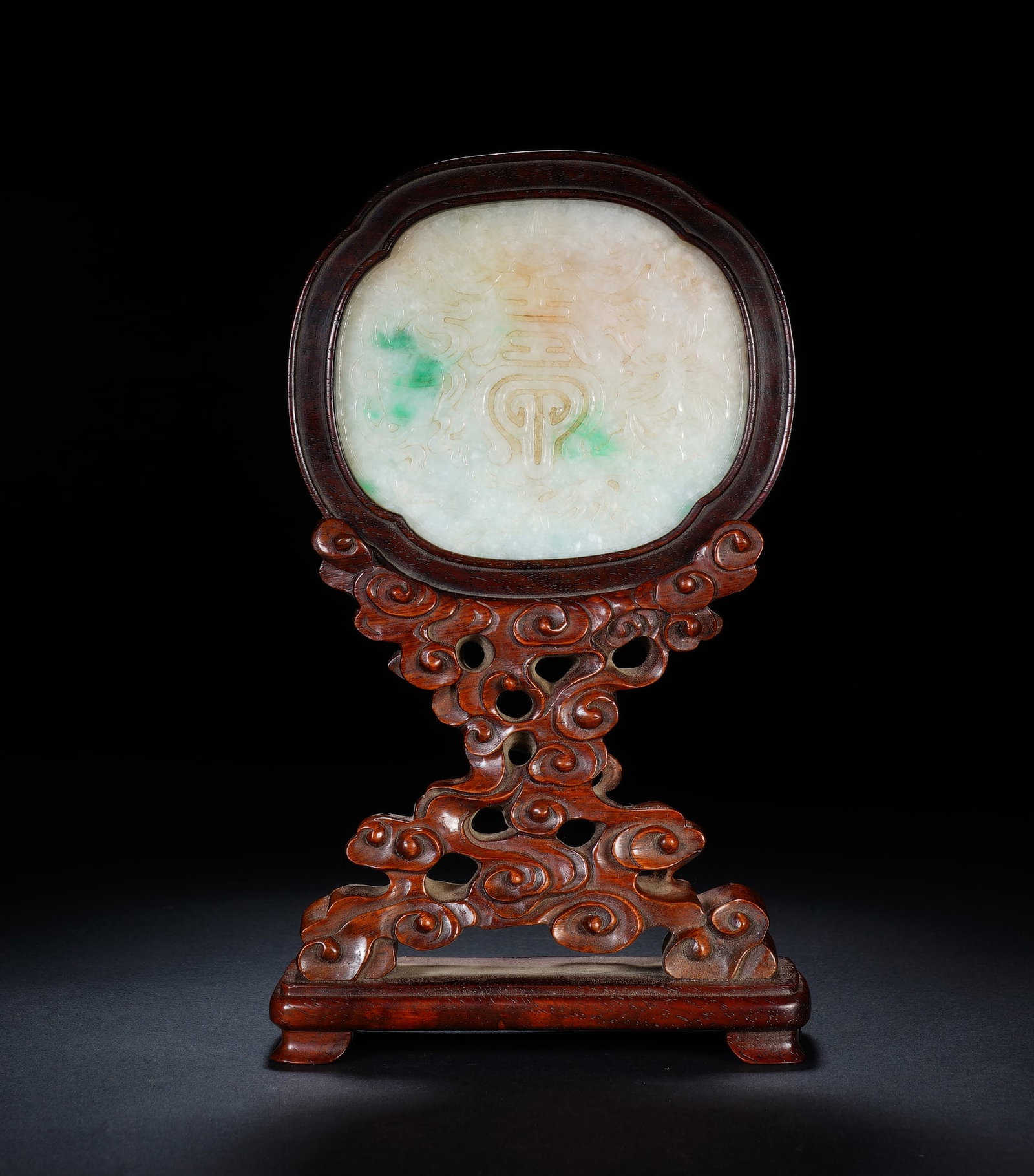 An Exquisite Jadeite Relief Table Screen With Longevity Pattern - 5