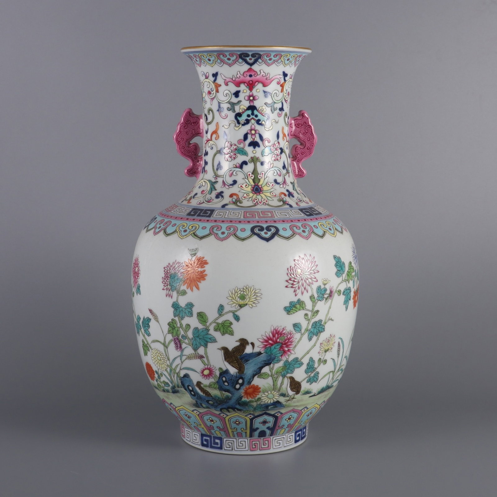 An Exquisite blue and white famille rose peace and prosperity double-ear vase,: An Exquisite blue and white famille rose peace and prosperity double-ear vase,Qing Dynasty, China,Daoguang Six-character