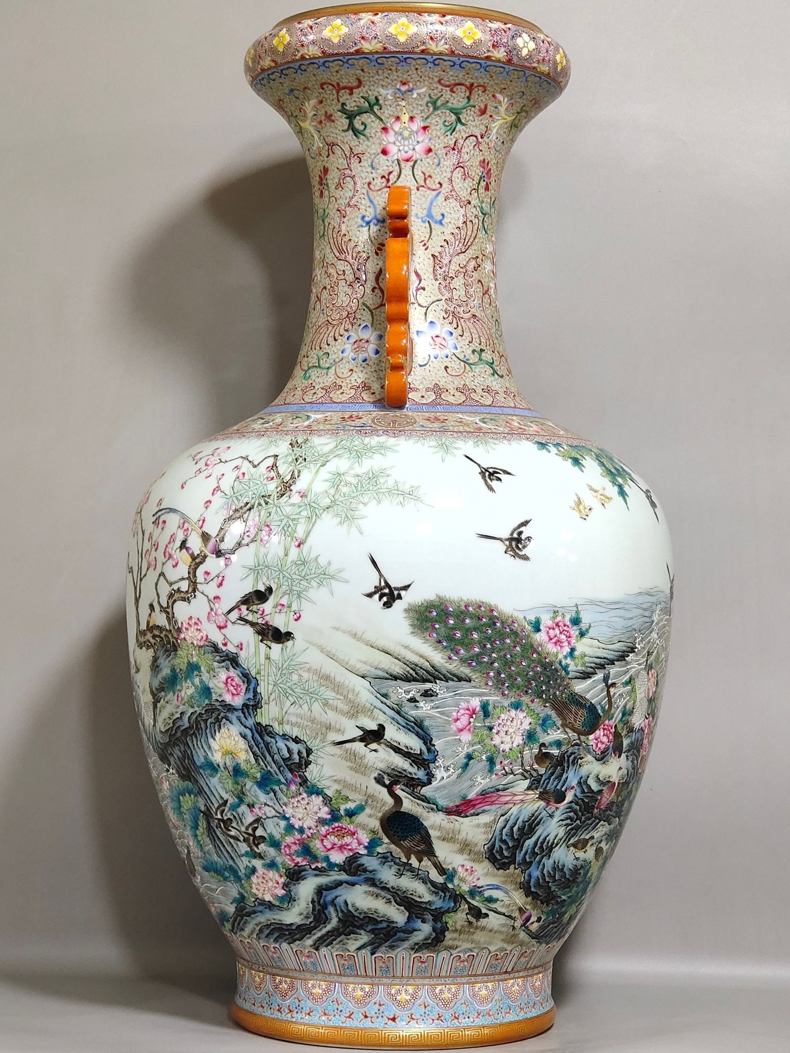 An Exquisite Double-Ear Vase Painted With Famille Rose Hundred Birds Paying Homage To Phoenix: An Exquisite Double-Ear Vase Painted With Famille Rose Hundred Birds Paying Homage To Phoenix Patterns,Qing Dynasty,China,Qianlong Six-character