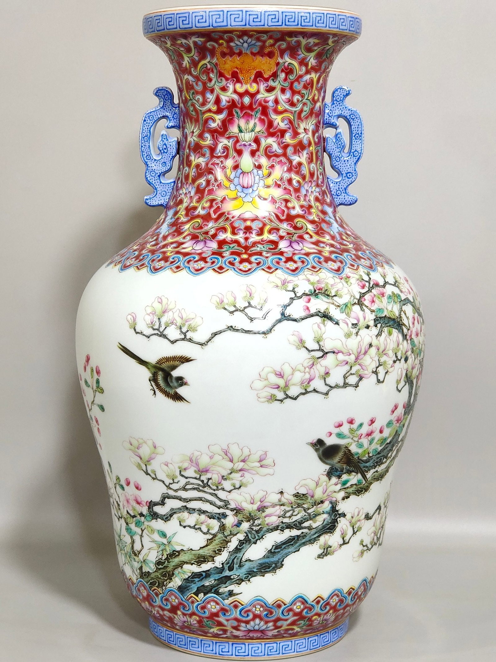 An Exquisite Double-Ear Vase With Carmine Red Ground,Continuous Fortune-Longevity,Flower And Bird: An Exquisite Double-Ear Vase With Carmine Red Ground,Continuous Fortune-Longevity,Flower And Bird Paintings And Inscribed Poems,Qing Dynasty,China,Qianlong Six-character Mark,胭脂红&