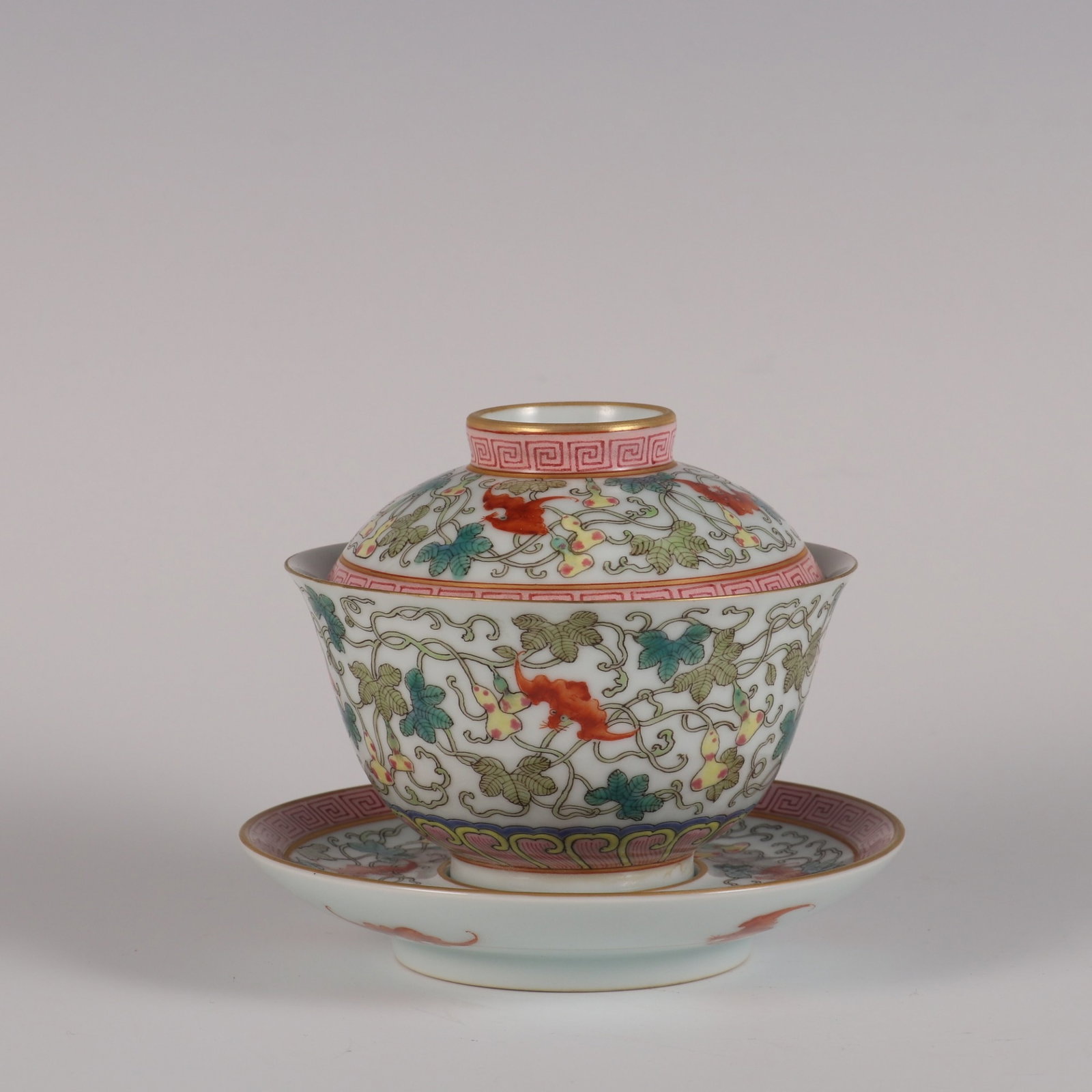 An Exquisite famille rose fortune prosperity longevity three-piece lidded bowl, (1 of 10)