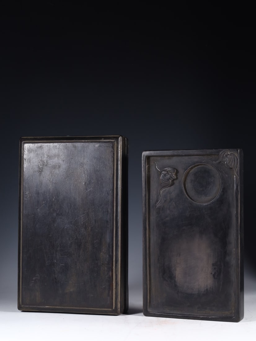 A Fine Rectangular Duanshi Inkstone With Double?Bat Motif: A Fine Rectangular Duanshi Inkstone With Double‑Bat Motif,China,Qing Dynasty,Mark Of Qiu Rixiu,Dimensions:9inx5.4inx1in,端石双蝠长方砚,中国&
