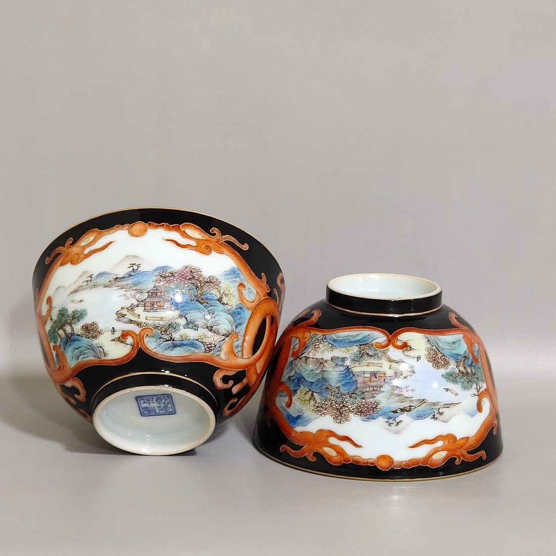 A Pair Of Exquisite Cups With Black Gold Glaze And Open Window Landscape Scenes: A Pair Of Exquisite Cups With Black Gold Glaze And Open Window Landscape Scenes,Qing Dynasty,China,Qianlong Four-character Mark,一对乌金釉开窗山水