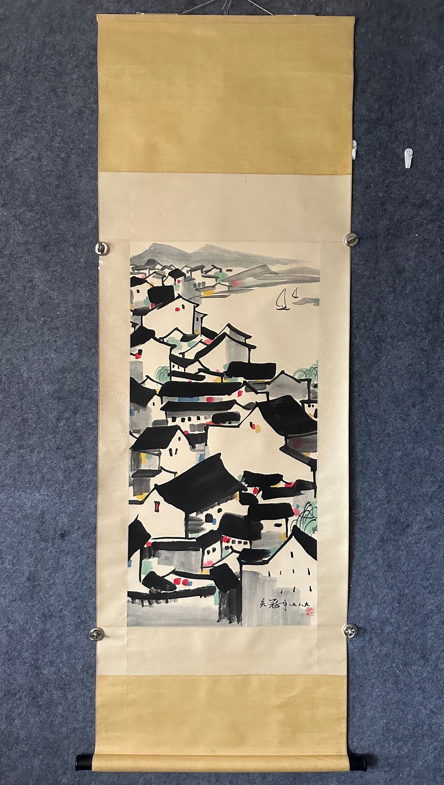 A Chinese Ink-on-Paper Hanging Scroll, Jiangnan Landscape: A Chinese Ink-on-Paper Hanging Scroll, Jiangnan Landscape,Wu Guanzhong,Size:18.9inx38.2in,一副中国水墨江南风光纸本立๘