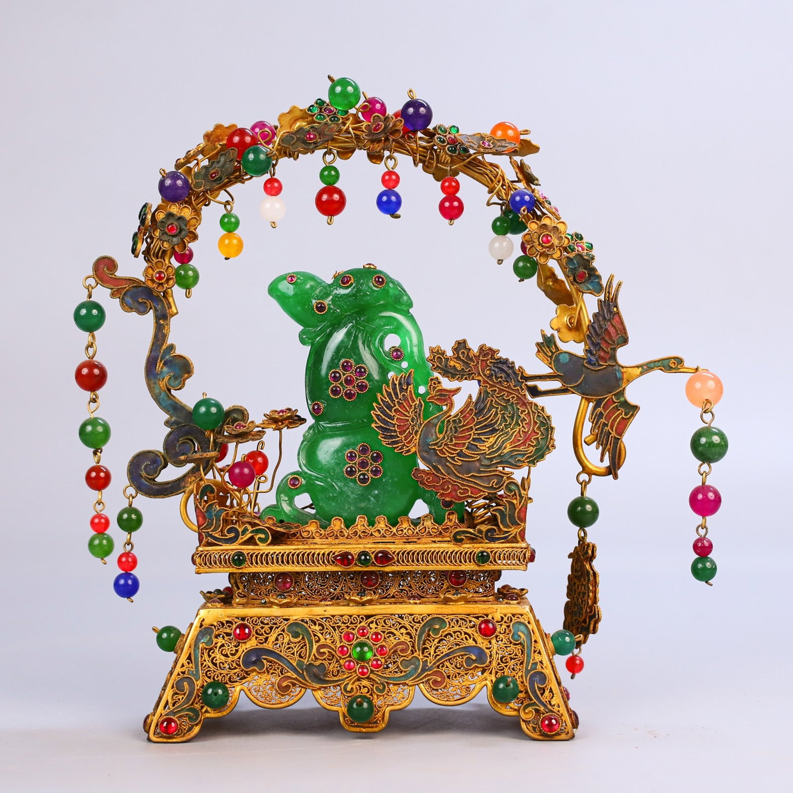 An Exquisite Gilt Bronze Filigree Enamel Fu Lu Ornament Inlaid With Gemstones And Jadeite (1 of 10)