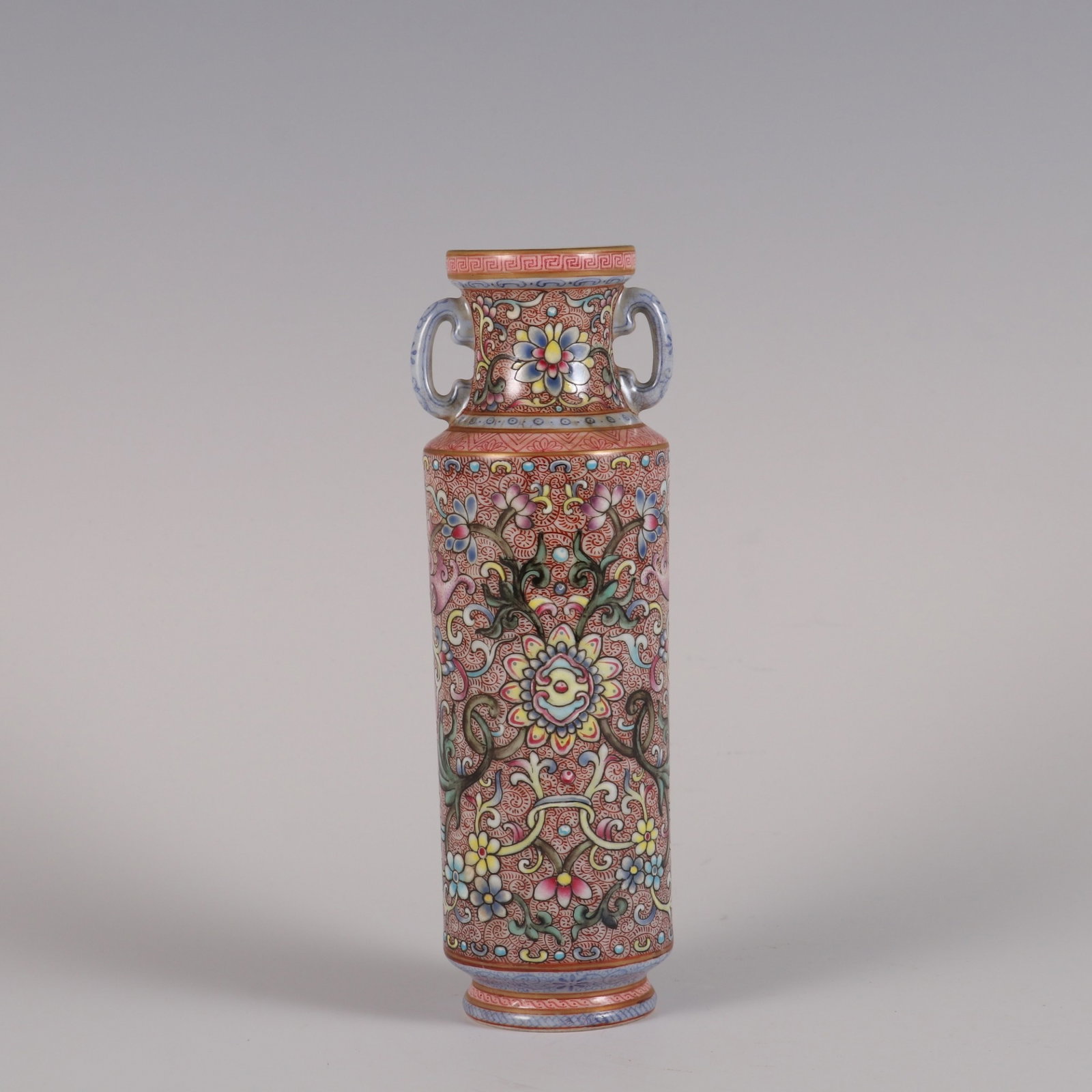 An Exquisite famille rose sgraffiato fortune luck continuous double-ear vase,: An Exquisite famille rose sgraffiato fortune luck continuous double-ear vase,Qing Dynasty, China,Qianlong Six-character Mark,Size:6.7inx2.2in,粉彩扒花福运连&#