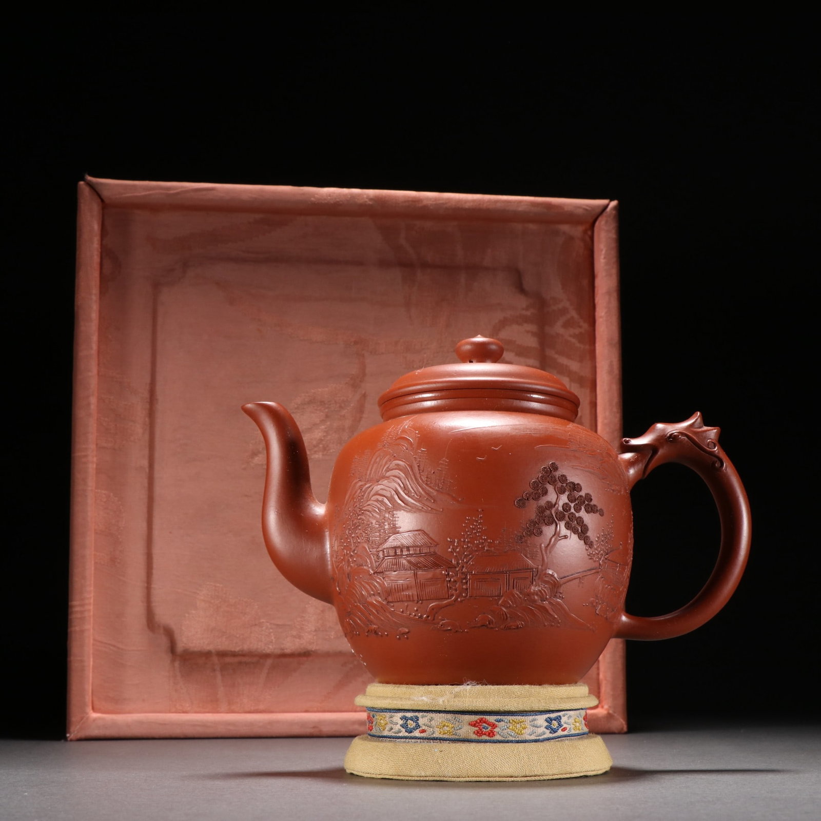 A Fine Chinese Zisha Clay Palace Lantern Teapot with Carved Landscape Decoration (1 of 9)
