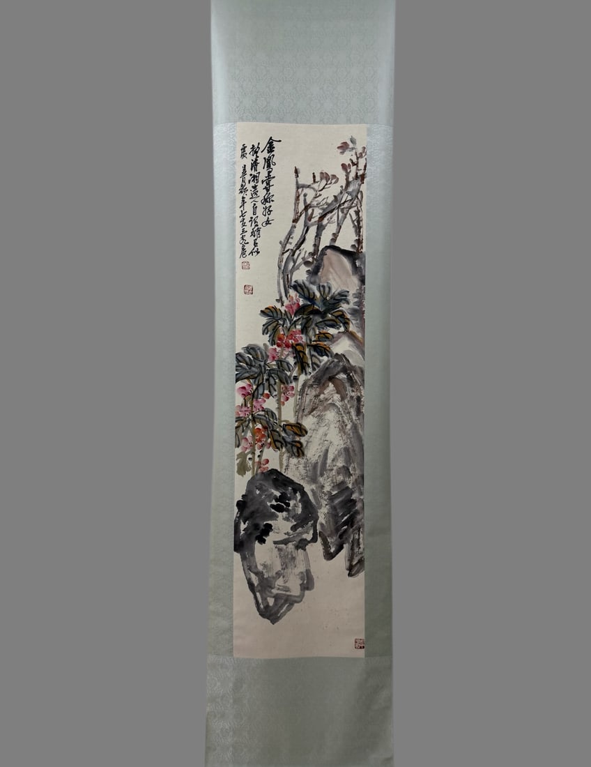 A Chinese Vertical Scroll Ink Painting of Flower on Paper,Wu Changshuo: A Chinese Vertical Scroll Ink Painting of Flower on Paper,Wu Changshuo,Size:13inx53.5in 一幅中国水墨花卉图立轴,吴昌硕