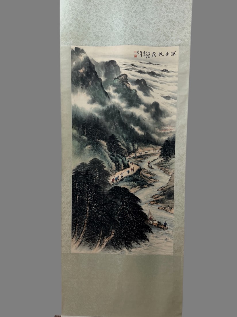 A Chinese Vertical Scroll Ink Painting of Landscape and Figure on Paper,Li Xiongcai: A Chinese Vertical Scroll Ink Painting of Landscape and Figure on Paper,Li Xiongcai,Size:27.2inx52.8in