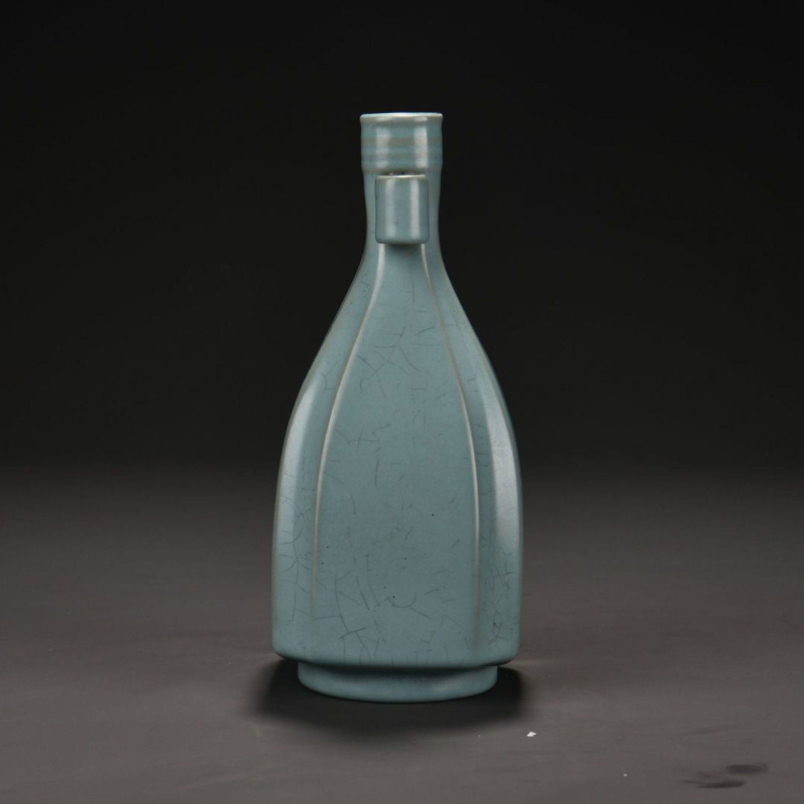 An Exquisite Ru Kiln Sky-Celadon Melon-Ribbed Pierced Ear Vase With Imperial Poems By Emperor: An Exquisite Ru Kiln Sky-Celadon Melon-Ribbed Pierced Ear Vase With Imperial Poems By Emperor Qianlong,Song Dynasty China,Dimensions:9.1inx3.9in,汝窑天青釉瓜棱