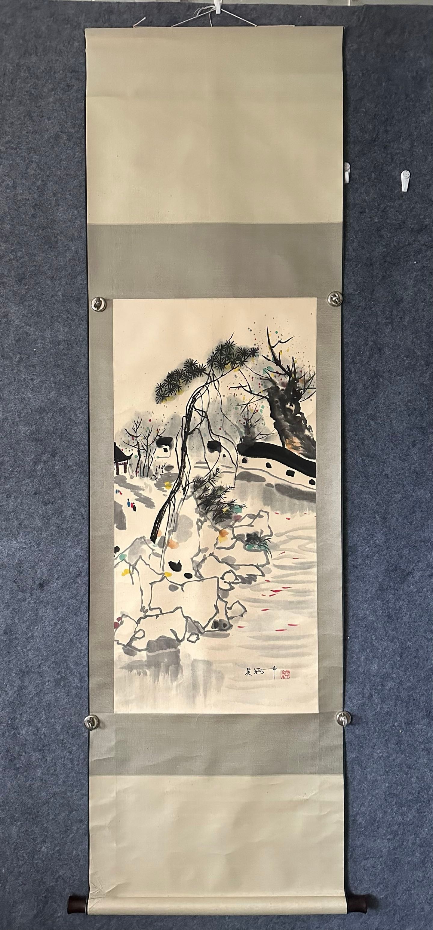 A Chinese Ink-on-Paper Hanging Scroll, Jiangnan Landscape: A Chinese Ink-on-Paper Hanging Scroll, Jiangnan Landscape,Wu Guanzhong,Size:19.3inx39in,一副中国水墨江南风光纸本立轴