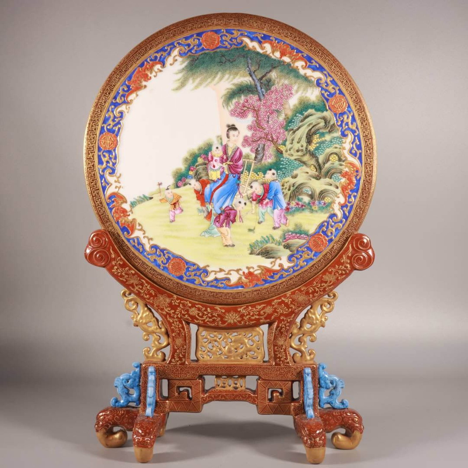 A Fine Gilt and Carved Enamel Table Screen,Interlocking Lotus and Narrative Figure Panels (1 of 9)