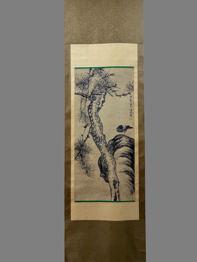 A Chinese Vertical Scroll Ink Painting of Pine and Bird on Paper,Ba Da: A Chinese Vertical Scroll Ink Painting of Pine and Bird on Paper,Ba Da,Size:16.9inx37in 一幅中国水墨松鸟图立轴,八大