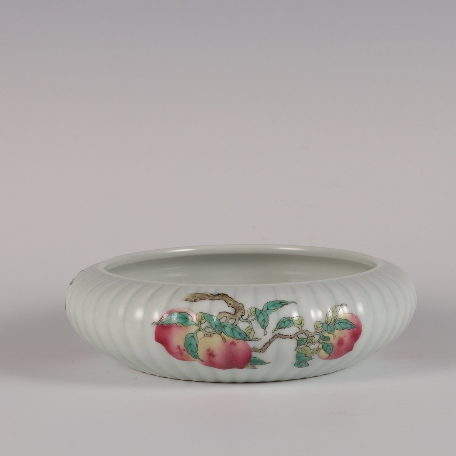 An Exquisite famille rose peony three abundances melon-shaped washer,: An Exquisite famille rose peony three abundances melon-shaped washer,Qing Dynasty, China,Qianlong Six-character Mark,Size:1.9inx6.5in,粉彩牡丹三多纹瓜&#