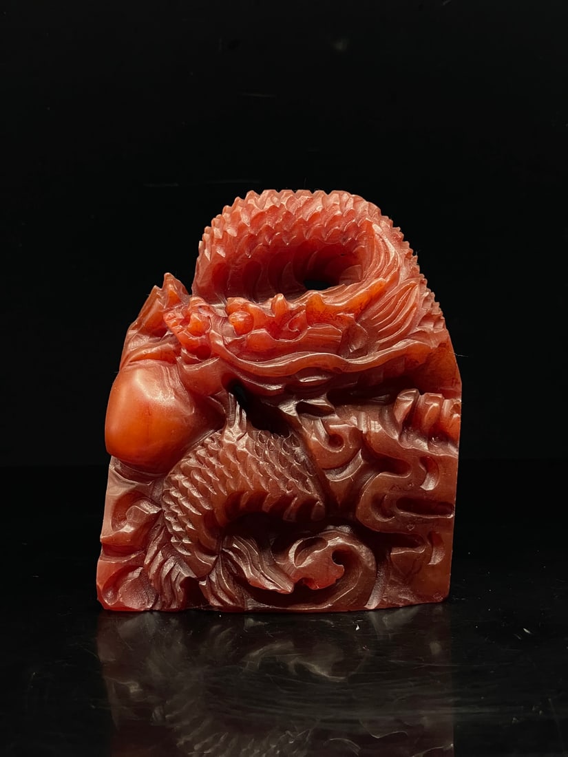 A Fine Red Shoushan Stone Seal With High?Relief Dragon Chasing Pearl (1 of 8)