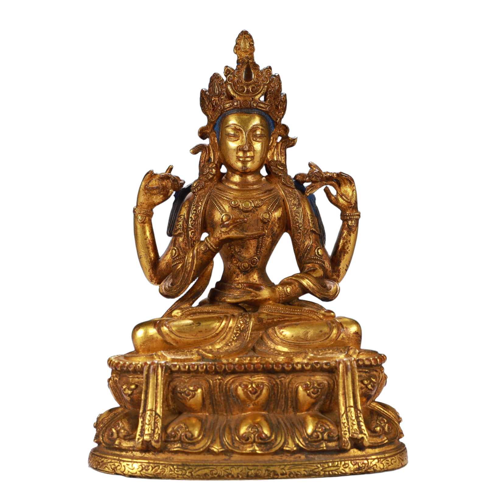 A Solemn Gilt Bronze Four-arms Statue of Avalokitesvara: A Solemn Gilt Bronze Four-arms Statue of Avalokitesvara,Qing Dynasty, China,Size:4.3inx3.5inx6.7in,Weight:950g 铜鎏金四臂观音像,中国清
