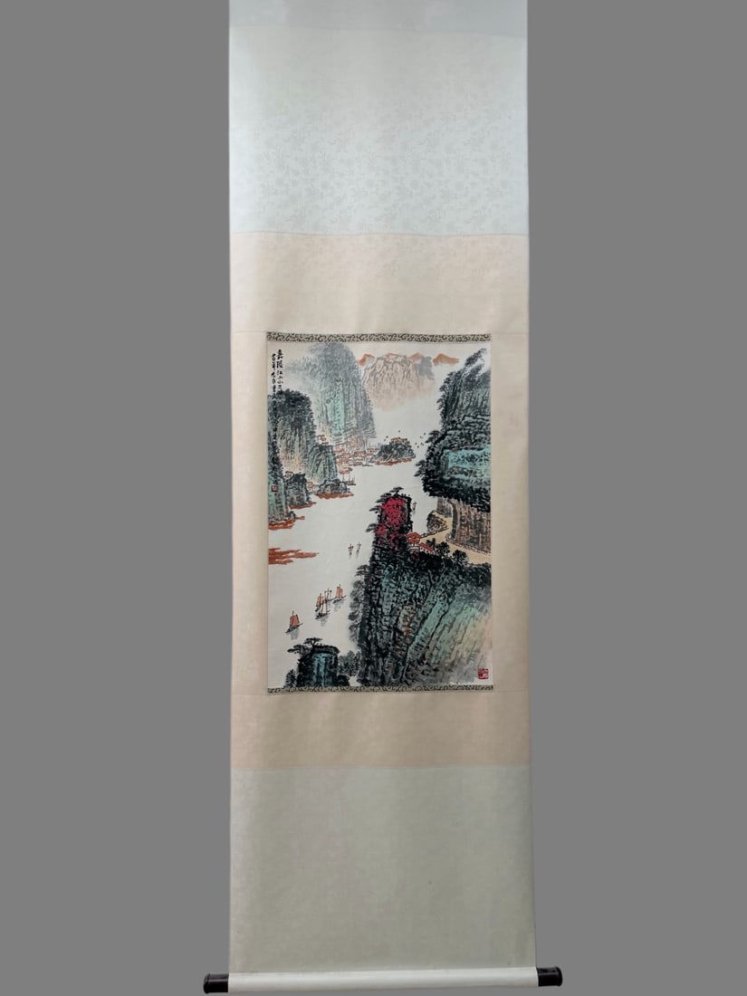 A Chinese Vertical Scroll Ink Painting of Landscape on Paper,Qian Songyan: A Chinese Vertical Scroll Ink Painting of Landscape on Paper,Qian Songyan,Size:17.7inx27.2in 一幅中国水墨山水画立轴,钱松&#