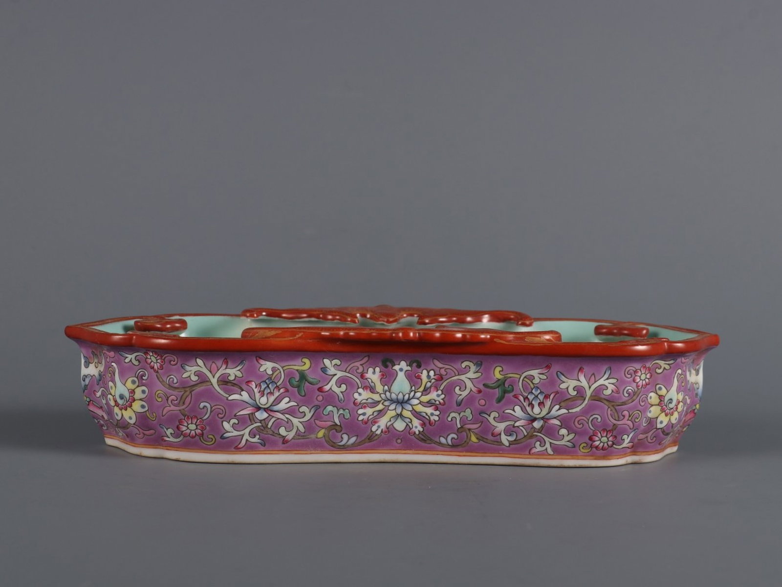 An Exquisite rouge red ground famille rose passion flower fortune-handle brush washer, (1 of 9)
