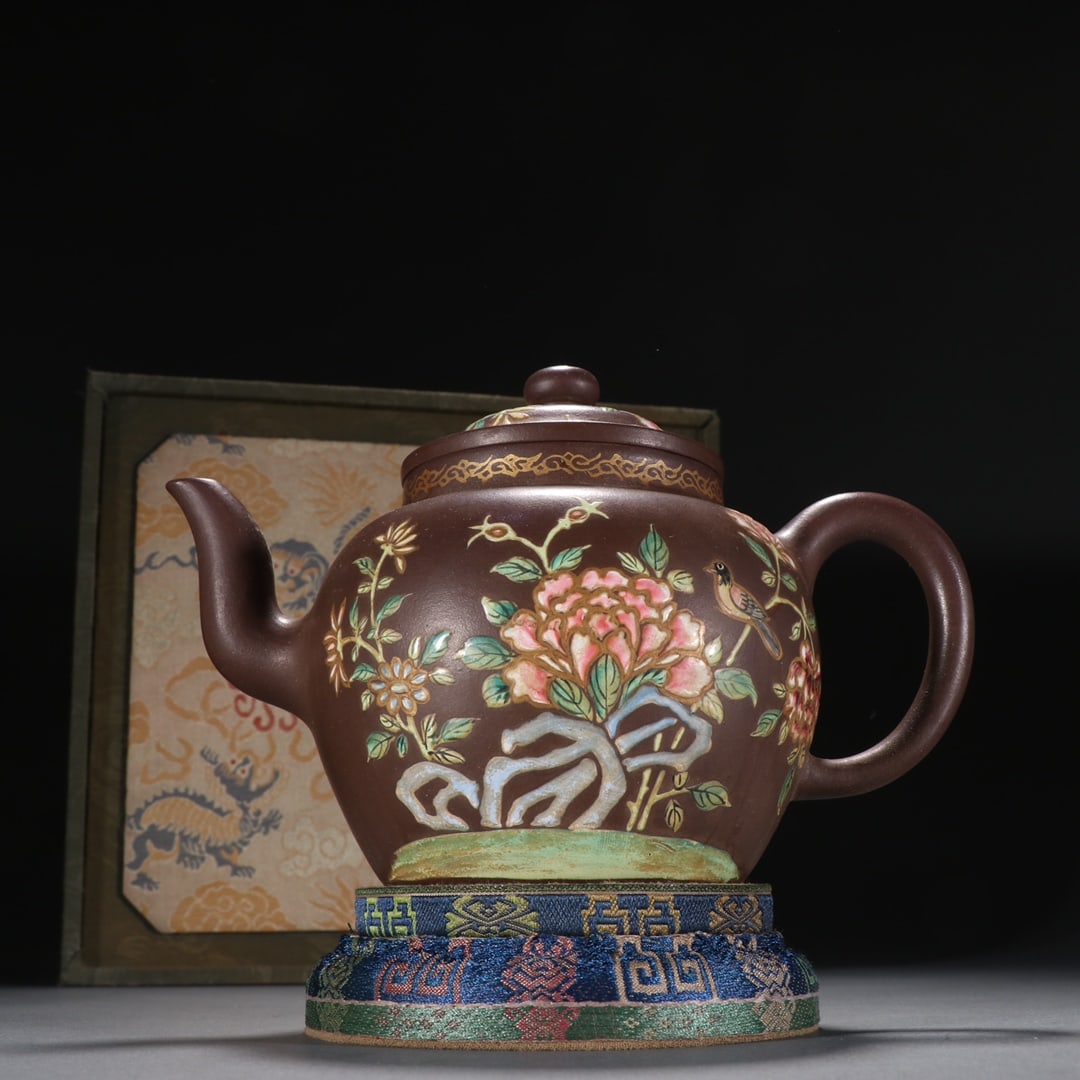 A Fine Chinese Zisha Clay Enameled Teapot with Bird and Flower Decoration (1 of 9)