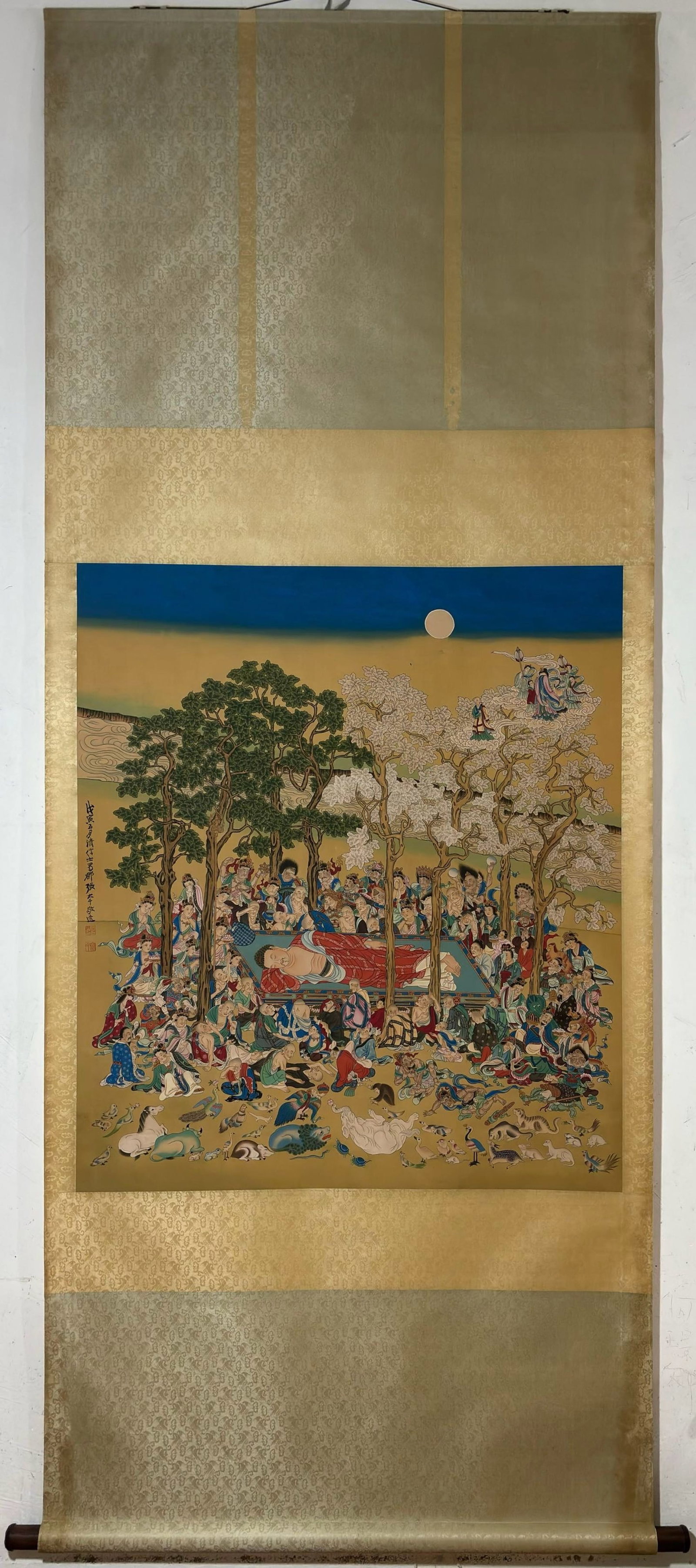 A ChineseInk?on?SilkHangingScroll,Buddha??sParinirvana: A ChineseInk‑on‑SilkHangingScroll,Buddha’sParinirvana,Zhang Daqian,Without frame Size:36inx31.3in,一副中国水墨释迦牟尼