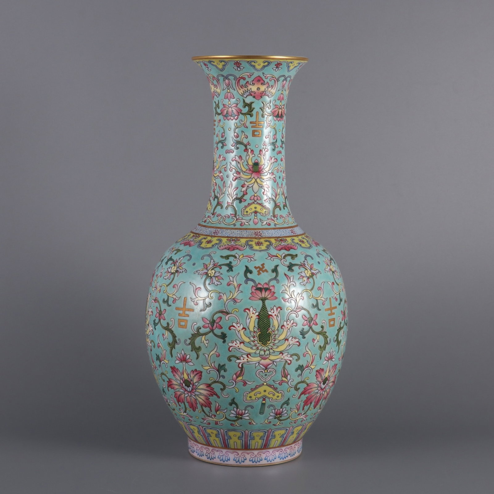 An Exquisite turquoise green ground famille rose passion flower reward vase, (1 of 9)
