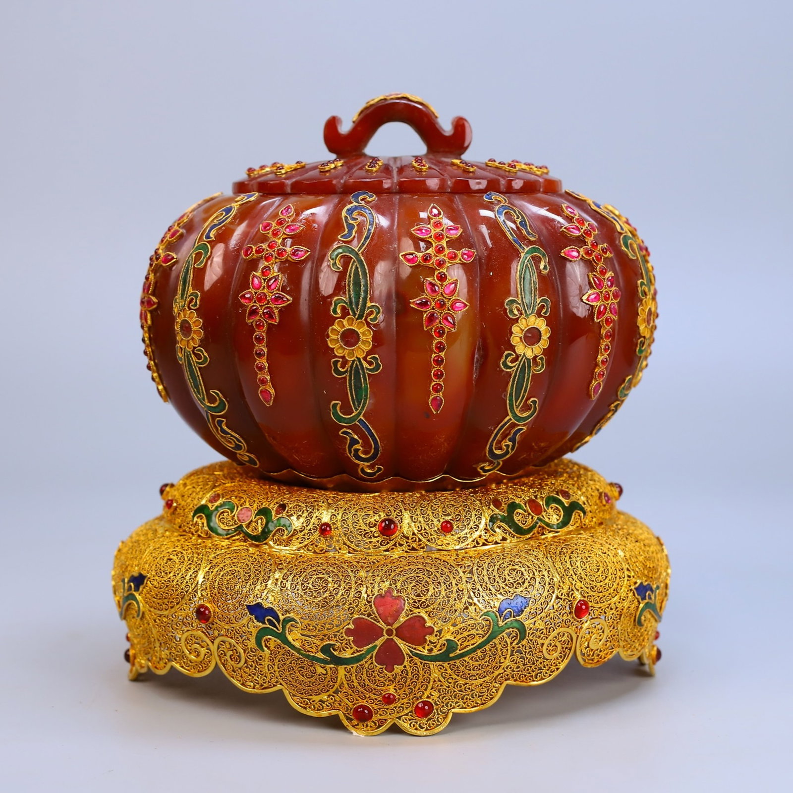 An Exquisite Gilt Bronze Pumpkin Shaped Lidded Jar Inlaid With Agate And Multiple Gemstones: An Exquisite Gilt Bronze Pumpkin Shaped Lidded Jar Inlaid With Agate And Multiple Gemstones,China,Qing Dynasty,Four Character Qianlong
