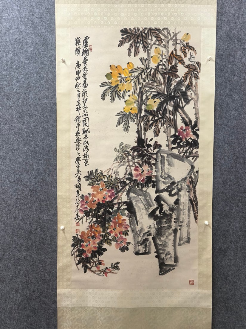 A Chinese Vertical Scroll Ink Painting of Flower on Paper,Wu Changshuo: A Chinese Vertical Scroll Ink Painting of Flower on Paper,Wu Changshuo,Size:26.4inx53.5in 一幅中国水墨花卉图立轴,吴昌Ĵ